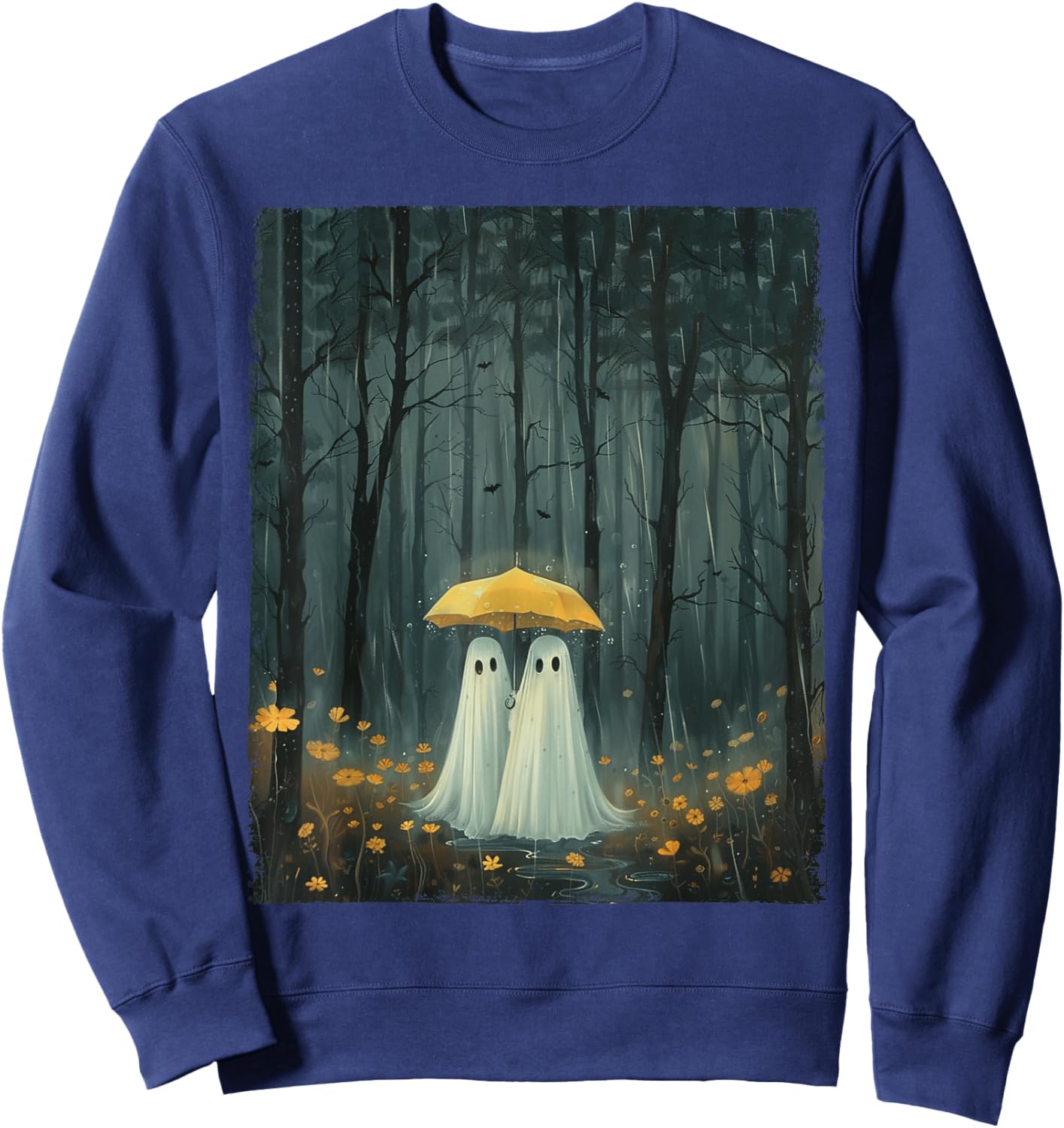 Floral Ghost Holds Umbrella Couple Spooky Season Women Men Sweatshirt - Sweatshirt | Navy