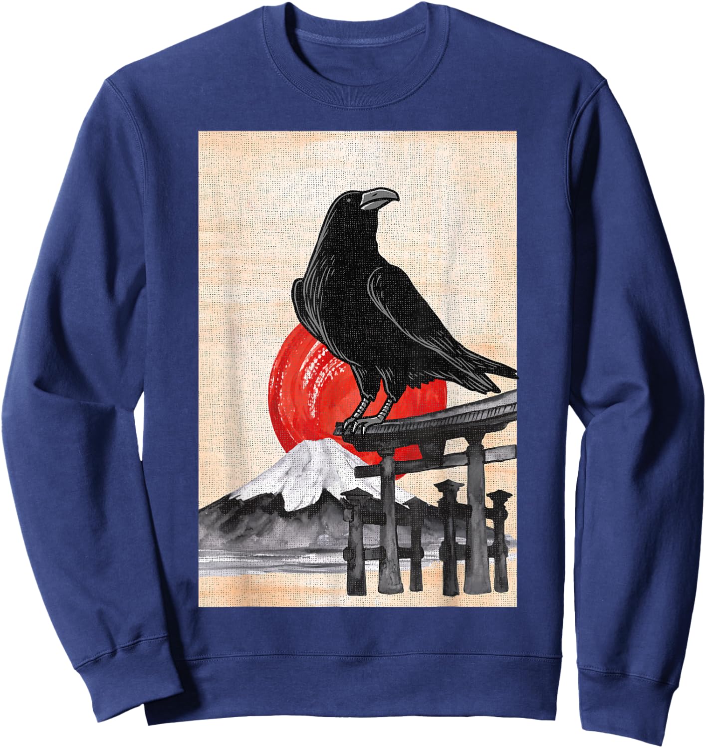 Japanese Style Red Moon Raven Graphic Black Crow Occult Goth Sweatshirt - Sweatshirt | Navy