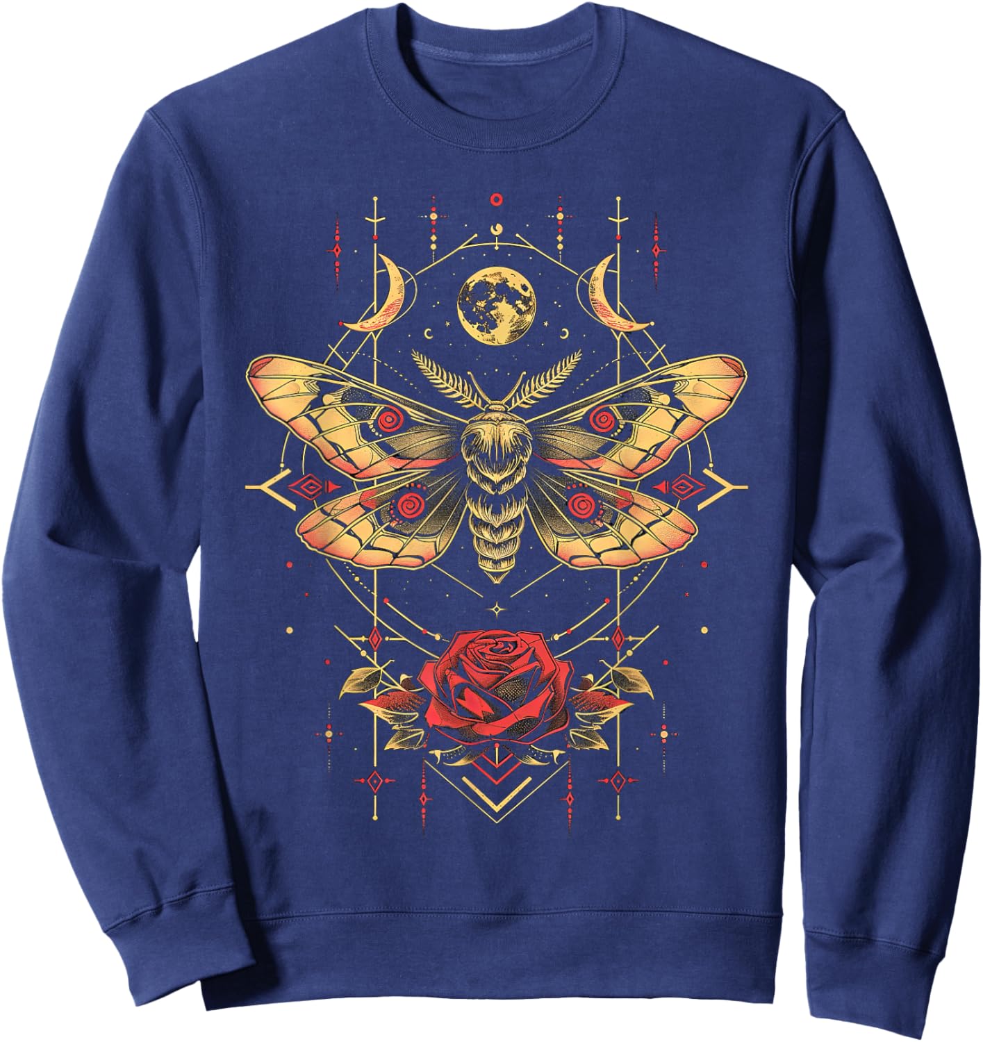 Mystic Moth in Front of Moon Roses Occult Gothic Simple Dark Sweatshirt - Sweatshirt | Navy