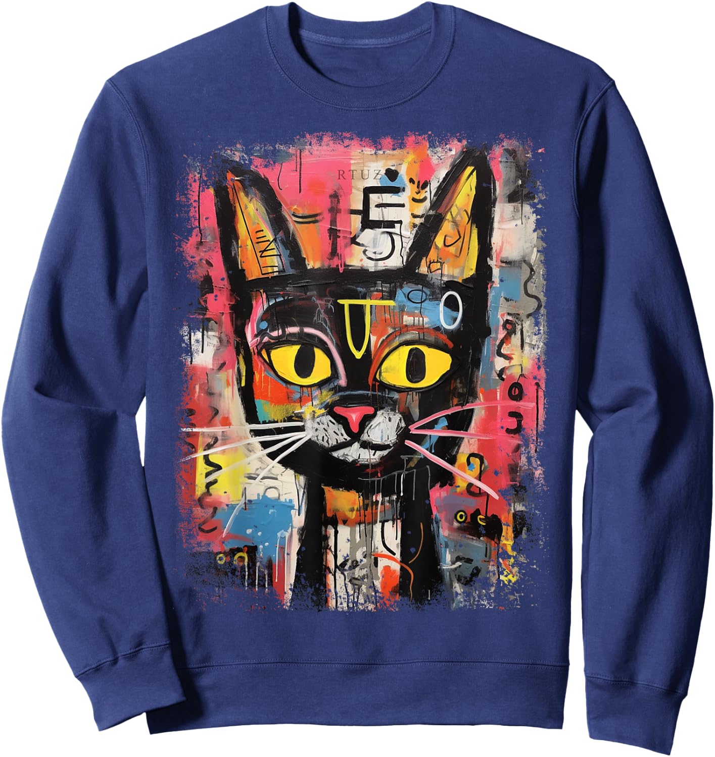 Y2K Streetwear Hip Hop Abstract Cat Pop Art Graffiti Cat Sweatshirt - Sweatshirt | Navy