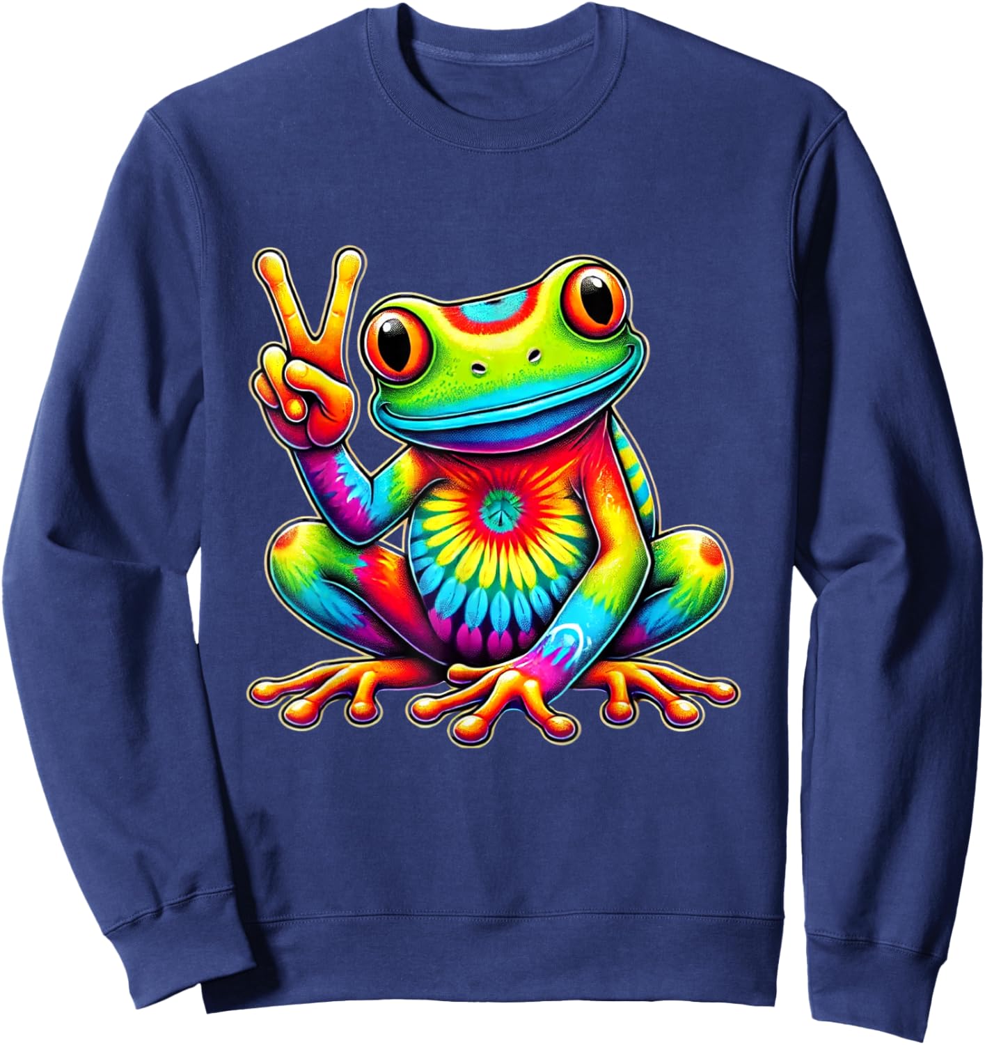 Tie-Dye Frog Holding Peace Sign Funny Hippie Sweatshirt - Sweatshirt | Navy