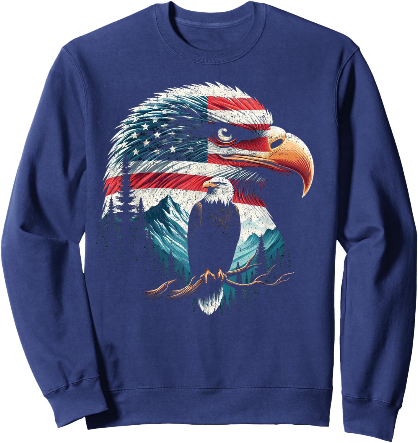 Bald Eagle American Flag For 4th Of July Red White Blue Women Kids Men Sweatshirt - Sweatshirt | Navy