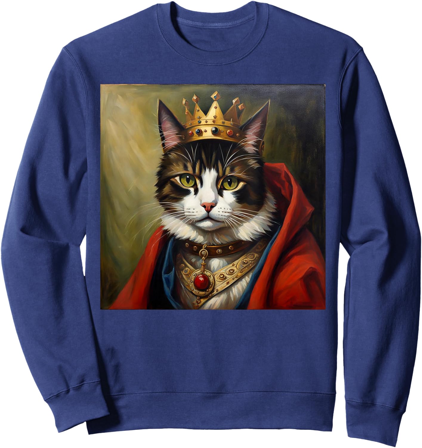 Cat King Funny Cute Animal Medieval Renaissance Oil Painting Sweatshirt - Sweatshirt | Navy
