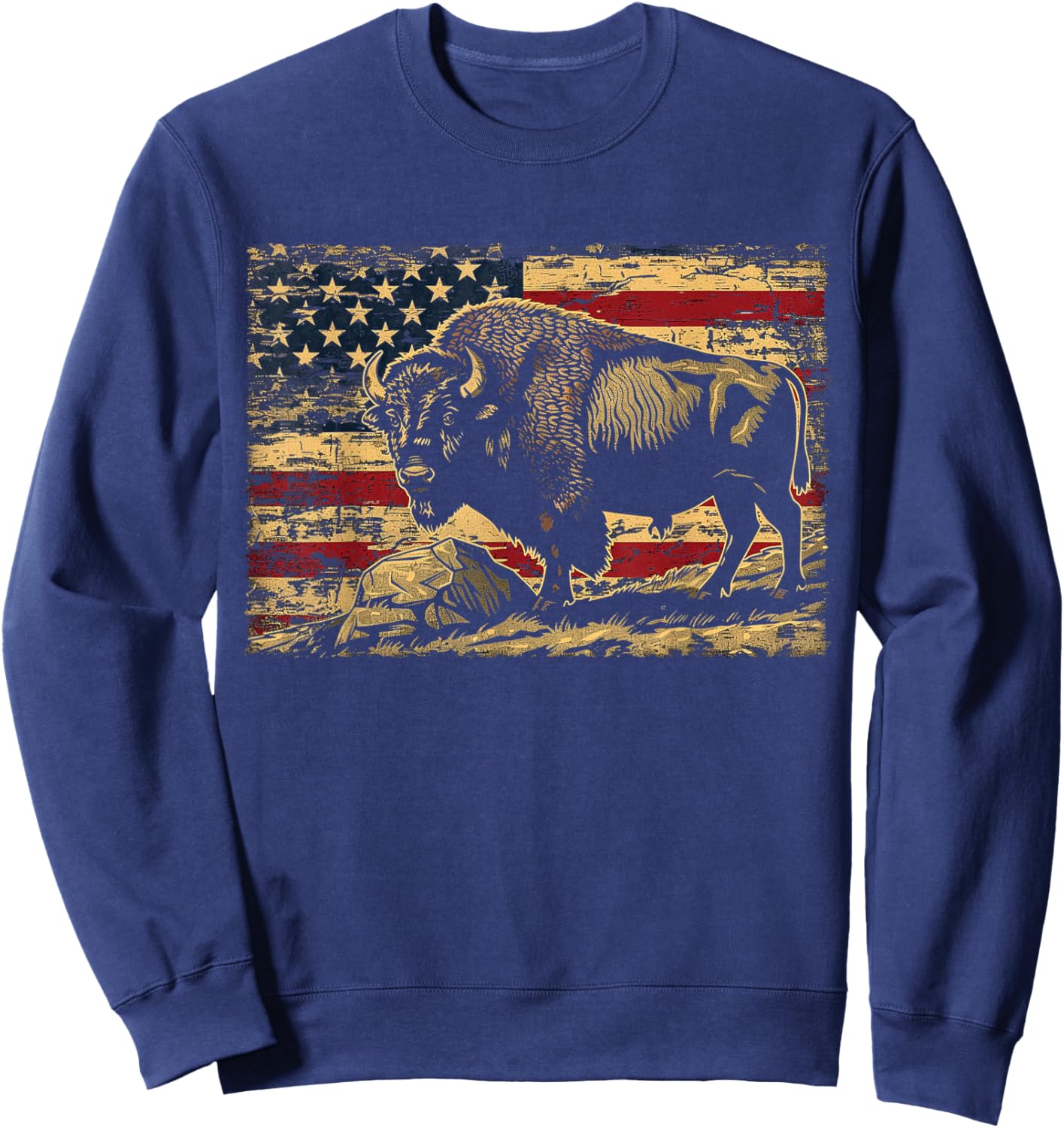 Retro American Flag Cute Animal Bison Lovers Awesome Outfits Kids Men Sweatshirt - Sweatshirt | Navy