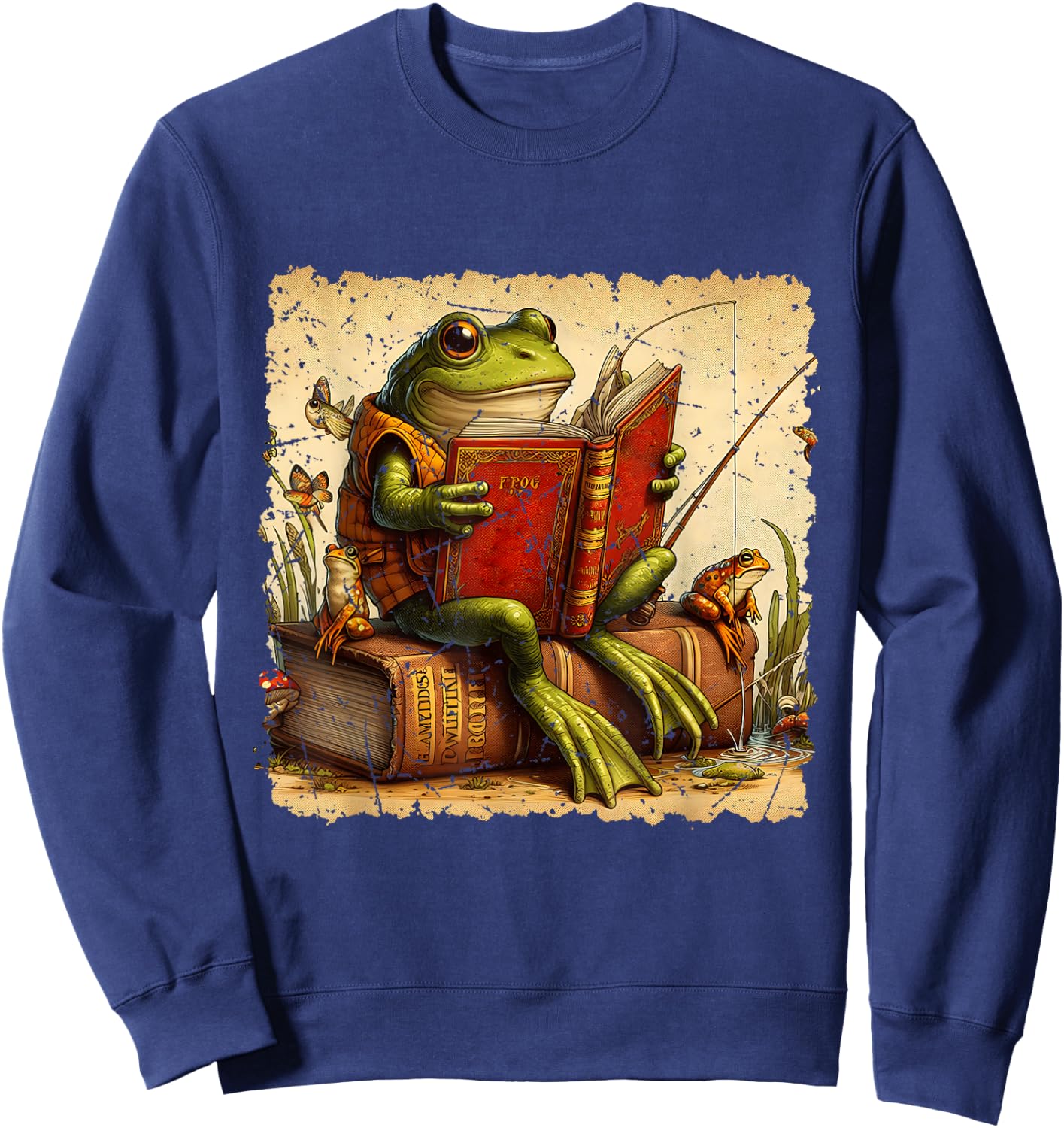 Frog & Toad Fishing Vintage Classic Book Frog Reading Book Sweatshirt - Sweatshirt | Navy