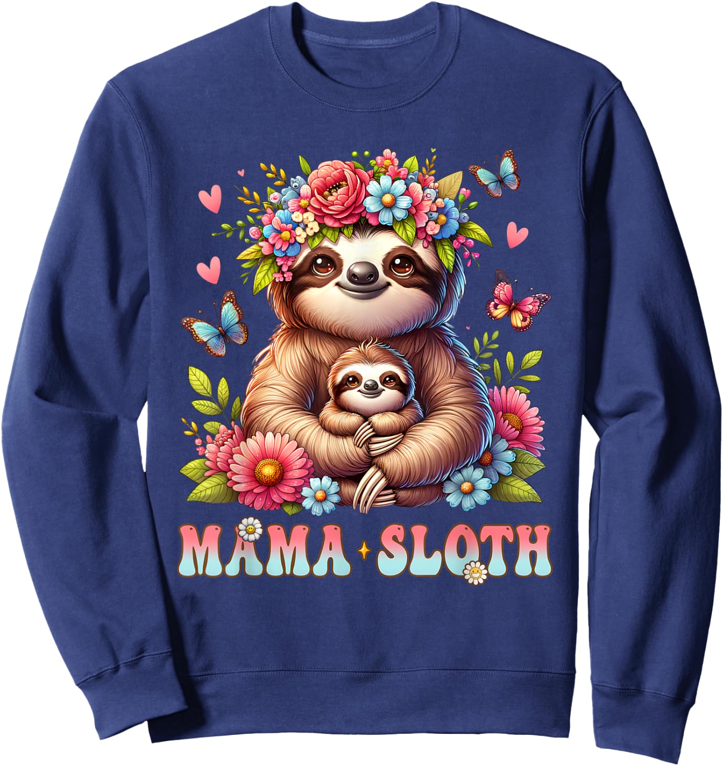 Mama Sloth Mother's Day Matching Floral Mommy Mom Sweatshirt - Sweatshirt | Navy