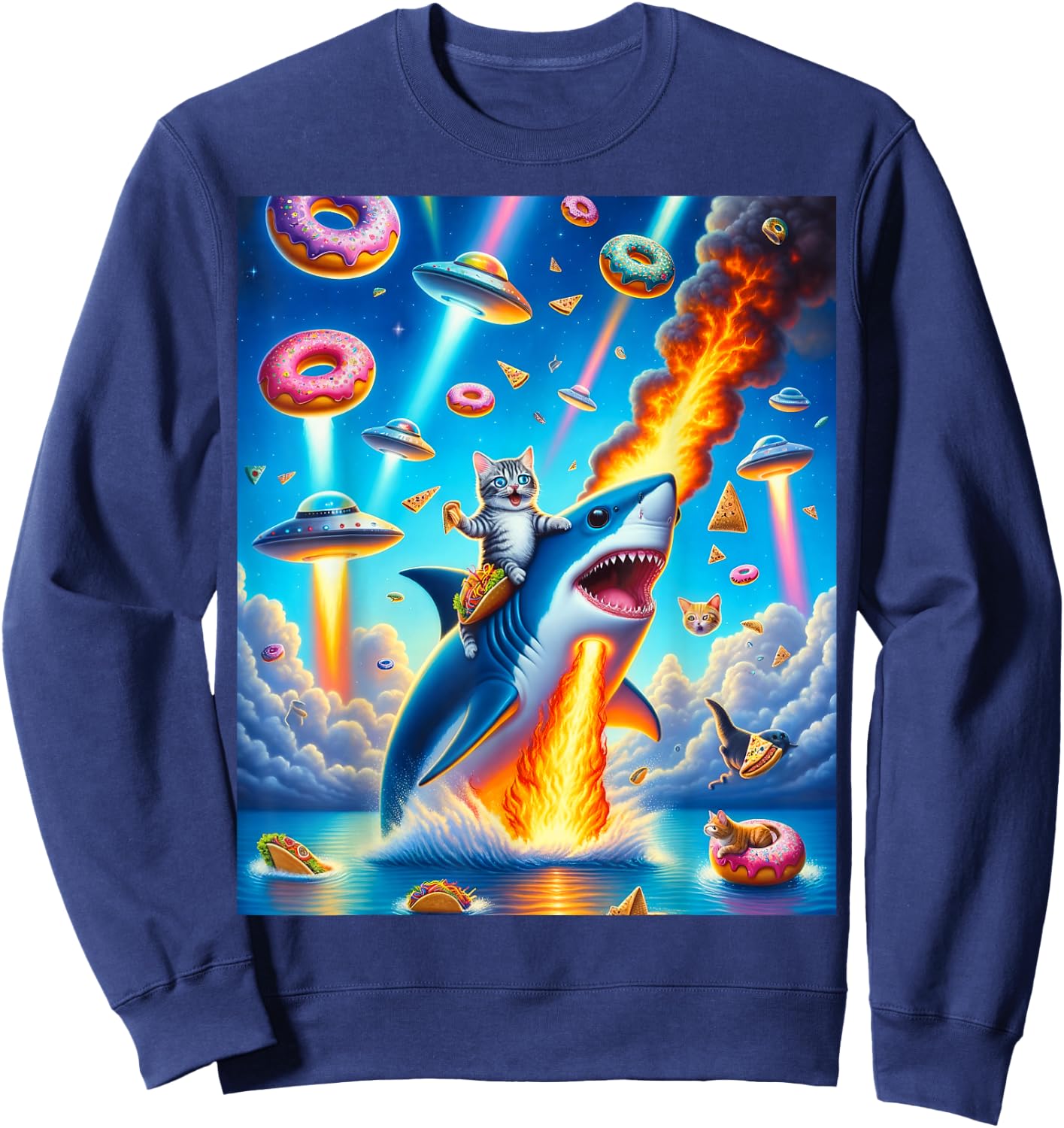 Cat Kitty Riding Fire Breathing Shark Rainbow Laser Taco Sweatshirt - Sweatshirt | Navy