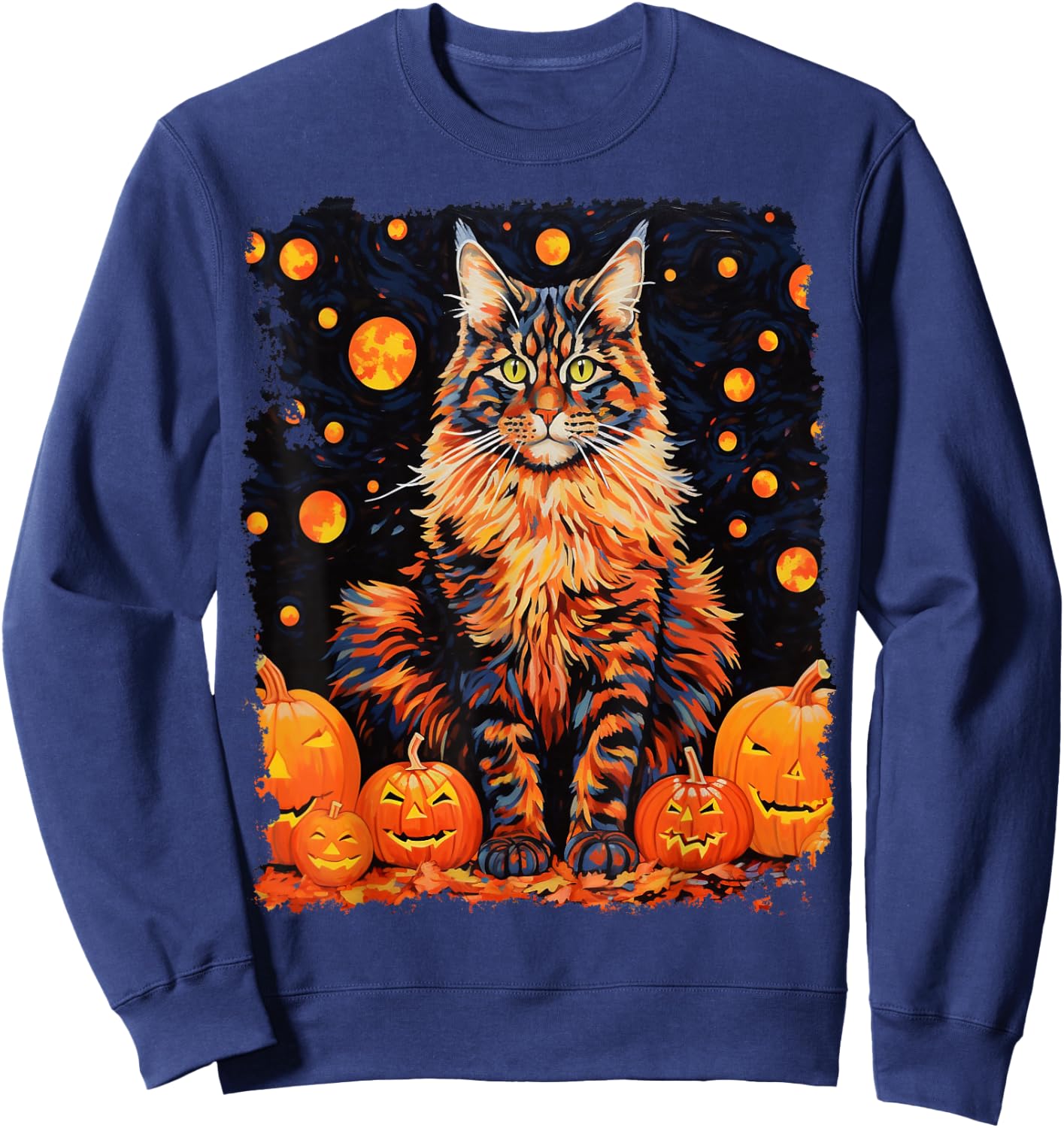 Pop Art Maine Coon Cat Pumpkin Halloween Sweatshirt - Sweatshirt | Navy
