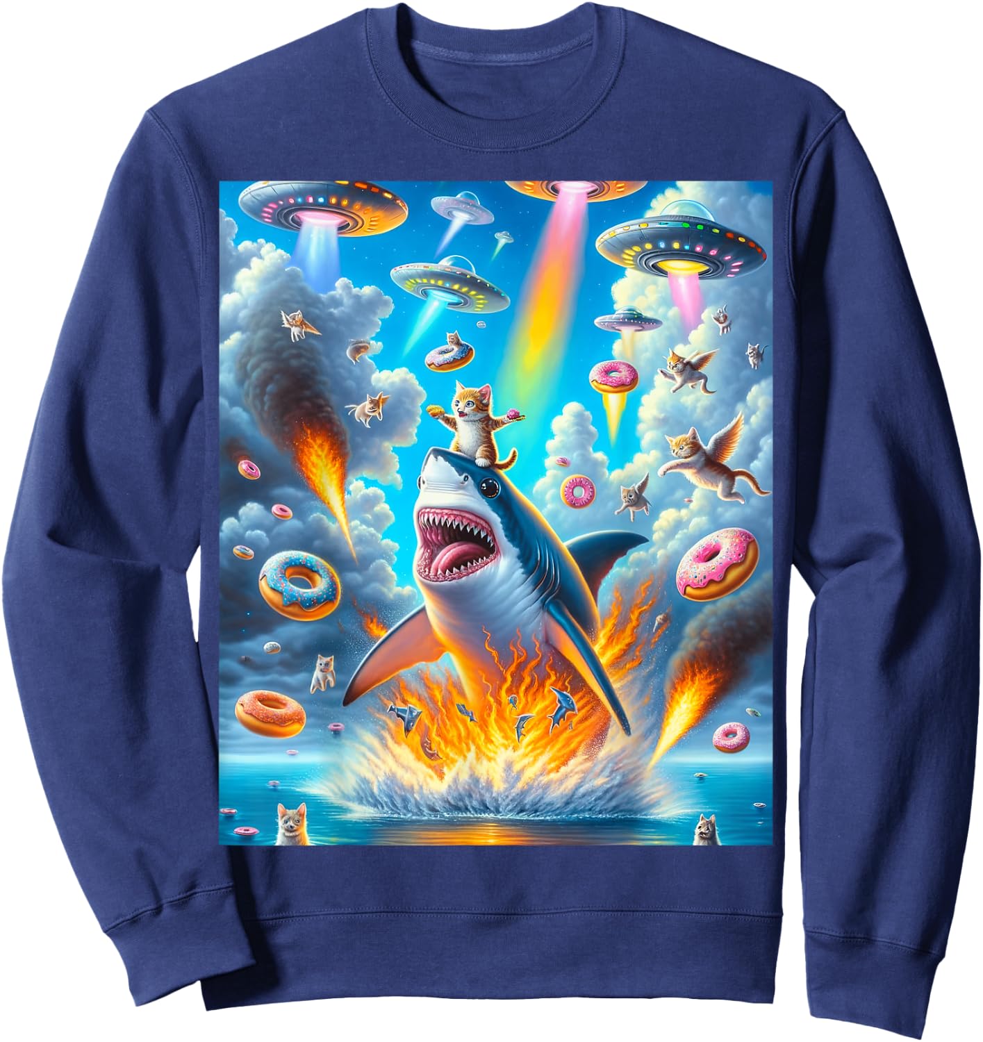 Cat Kitty Riding Fire Breathing Shark Rainbow Laser Taco Sweatshirt - Sweatshirt | Navy