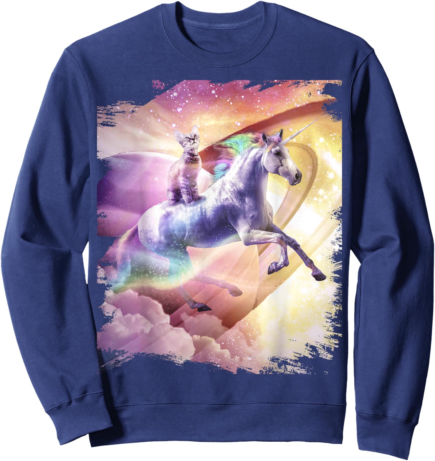 Rainbow Galaxy Cat Riding Unicorn in Space Women Girls Kids Sweatshirt - Sweatshirt | Navy
