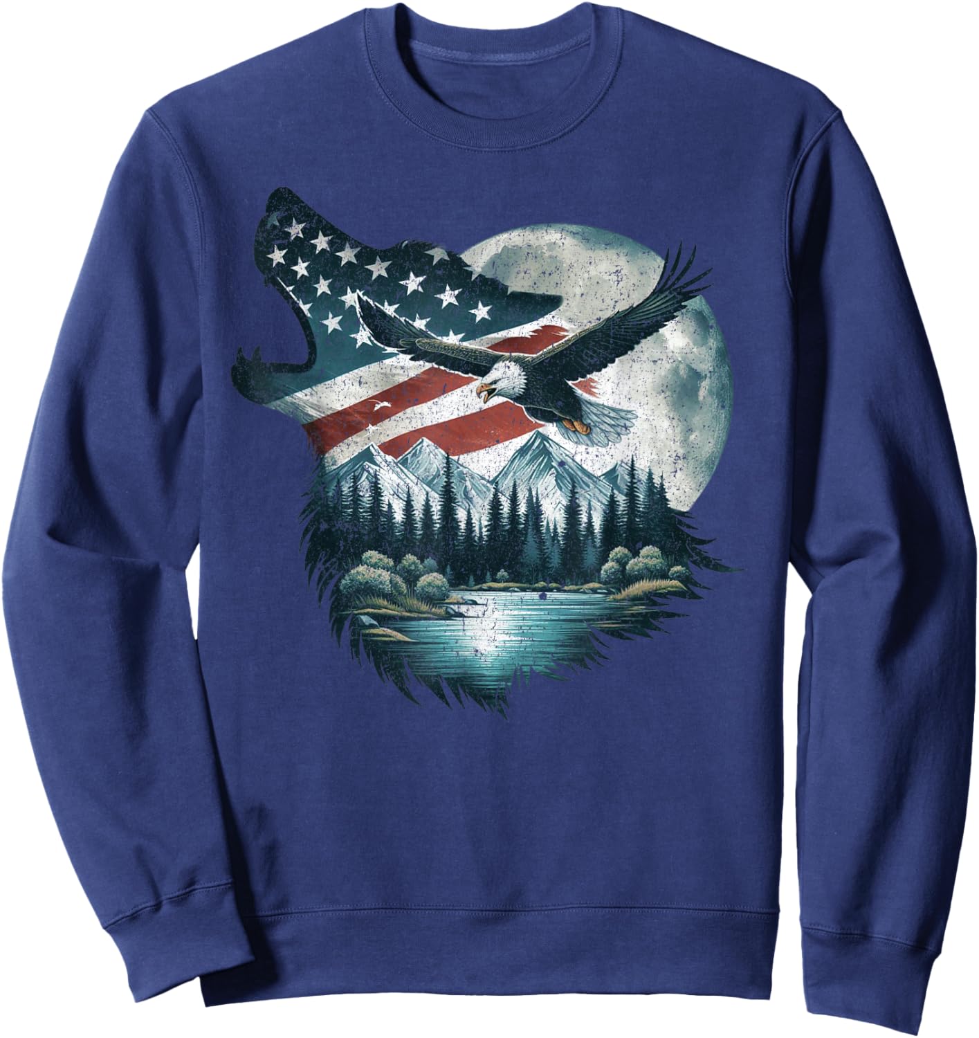 Bald Eagle Wolf US Flag 4th Of July Patriotic Man Woman Sweatshirt - Sweatshirt | Navy