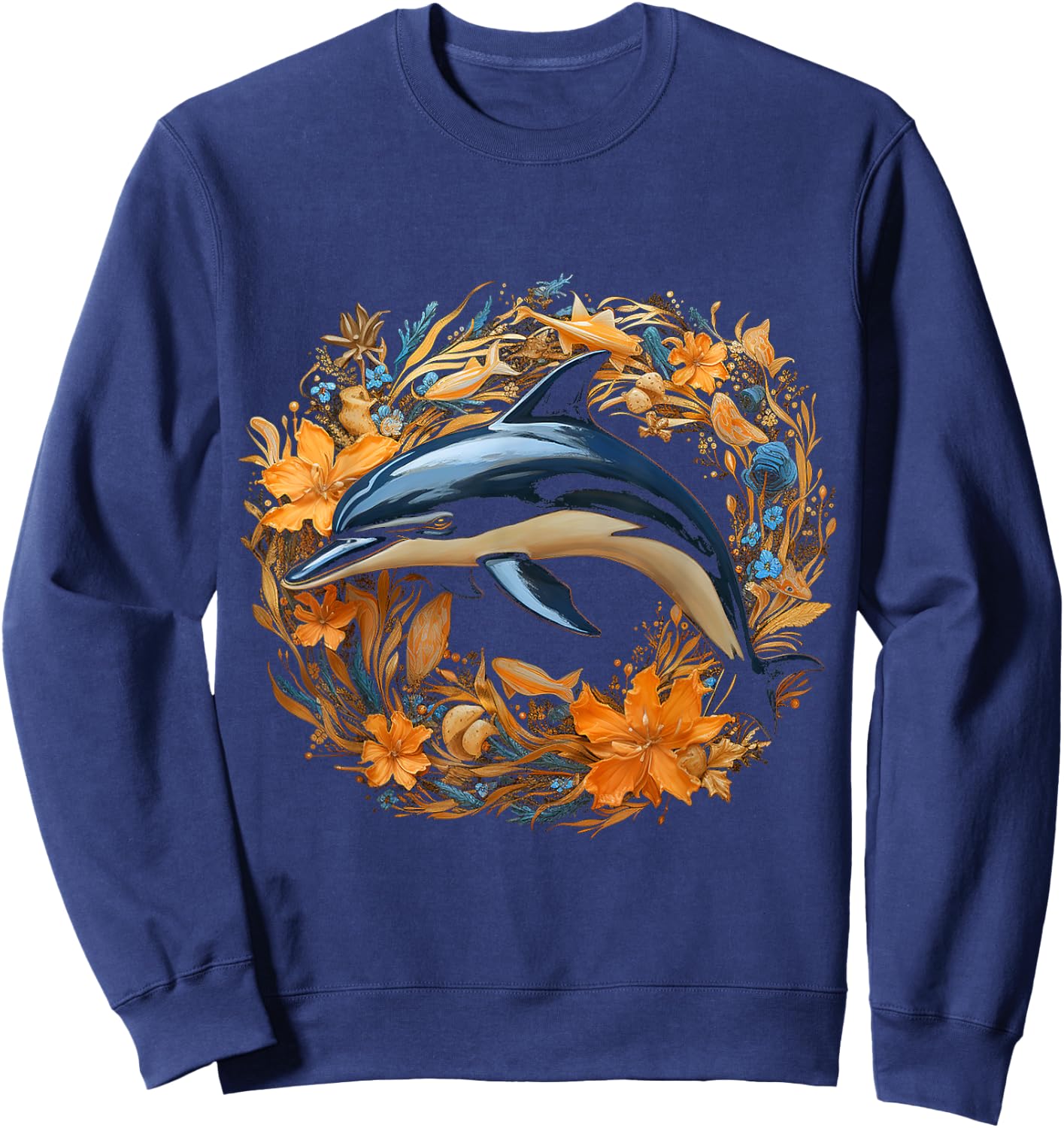 Dolphin Flowers Art Animal Sculpture Graphic Dolphin Sweatshirt - Sweatshirt | Navy