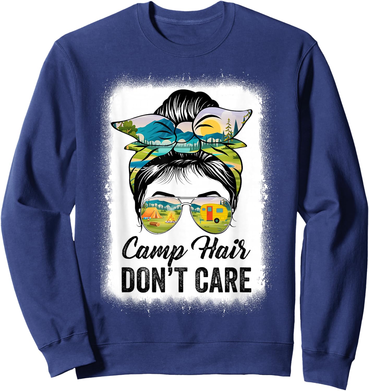 Camp Hair Don't Care Camper Camping Messy Bun Hair Sweatshirt - Sweatshirt | Navy