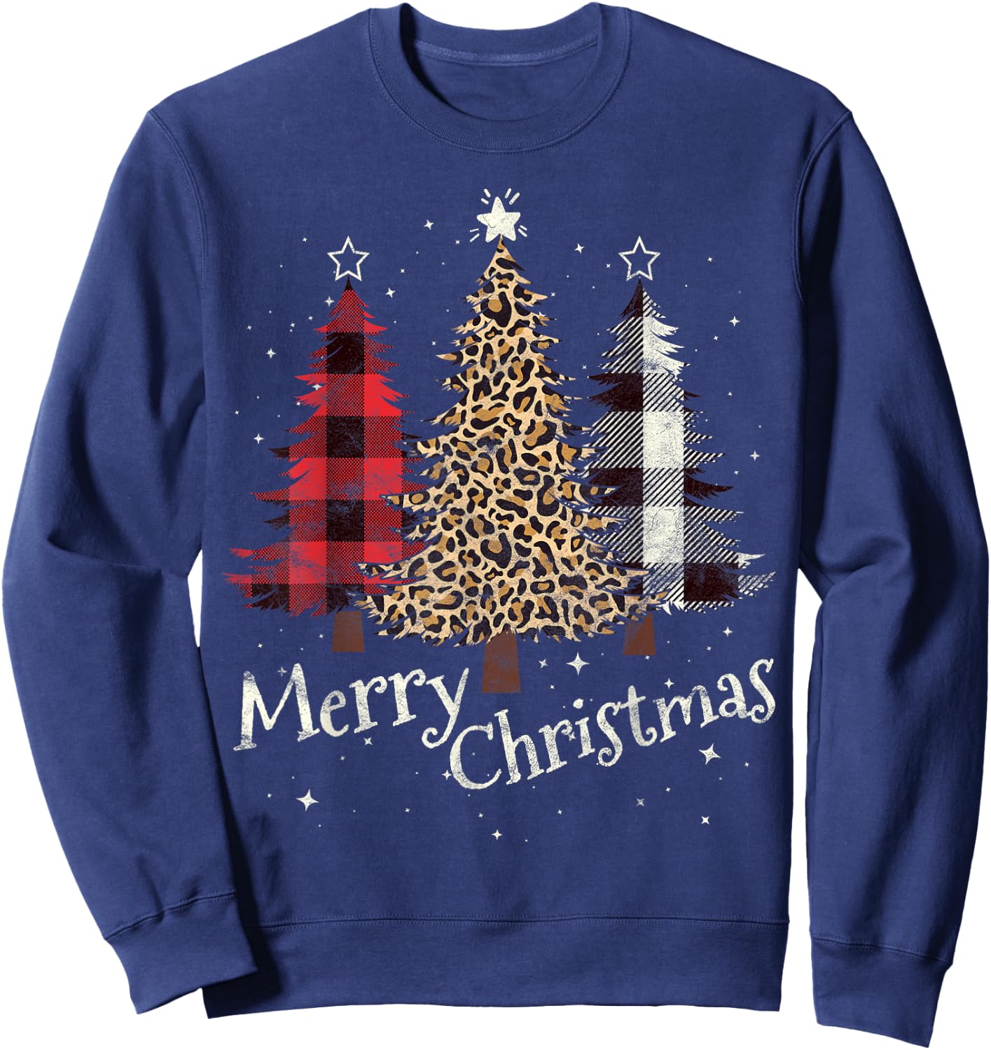 Merry Christmas Gift Three Xmas Trees Buffalo Plaid Woman Sweatshirt - Sweatshirt | Navy