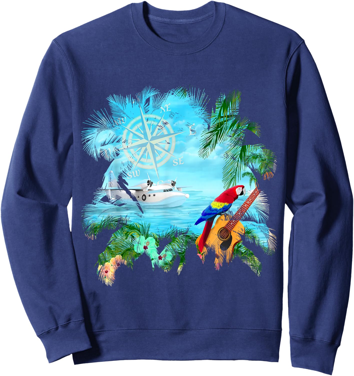 Beachside Dream Seaplane, Parrot, and Guitar Sweatshirt - Sweatshirt | Navy