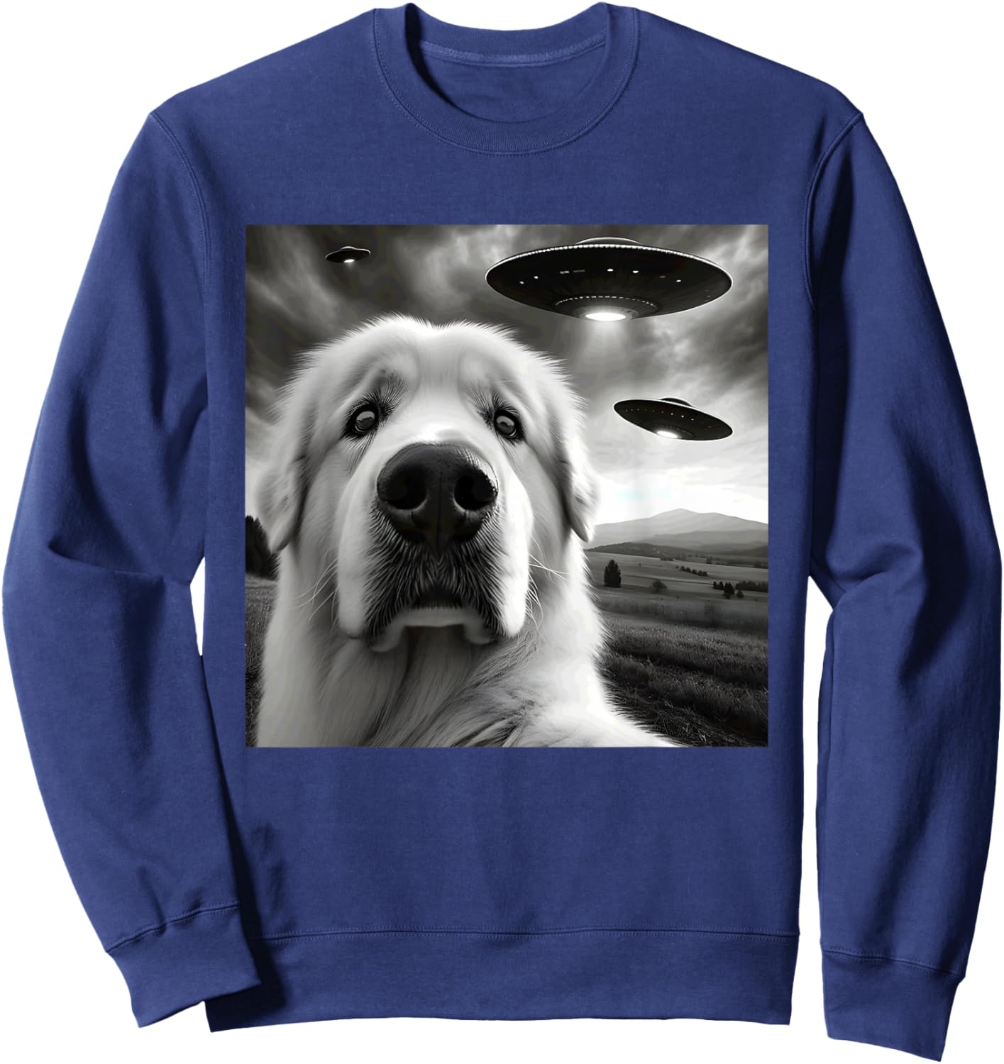 Great Pyrenees Funny Graphic Selfie with UFOs Weird Aliens Sweatshirt - Sweatshirt | Navy