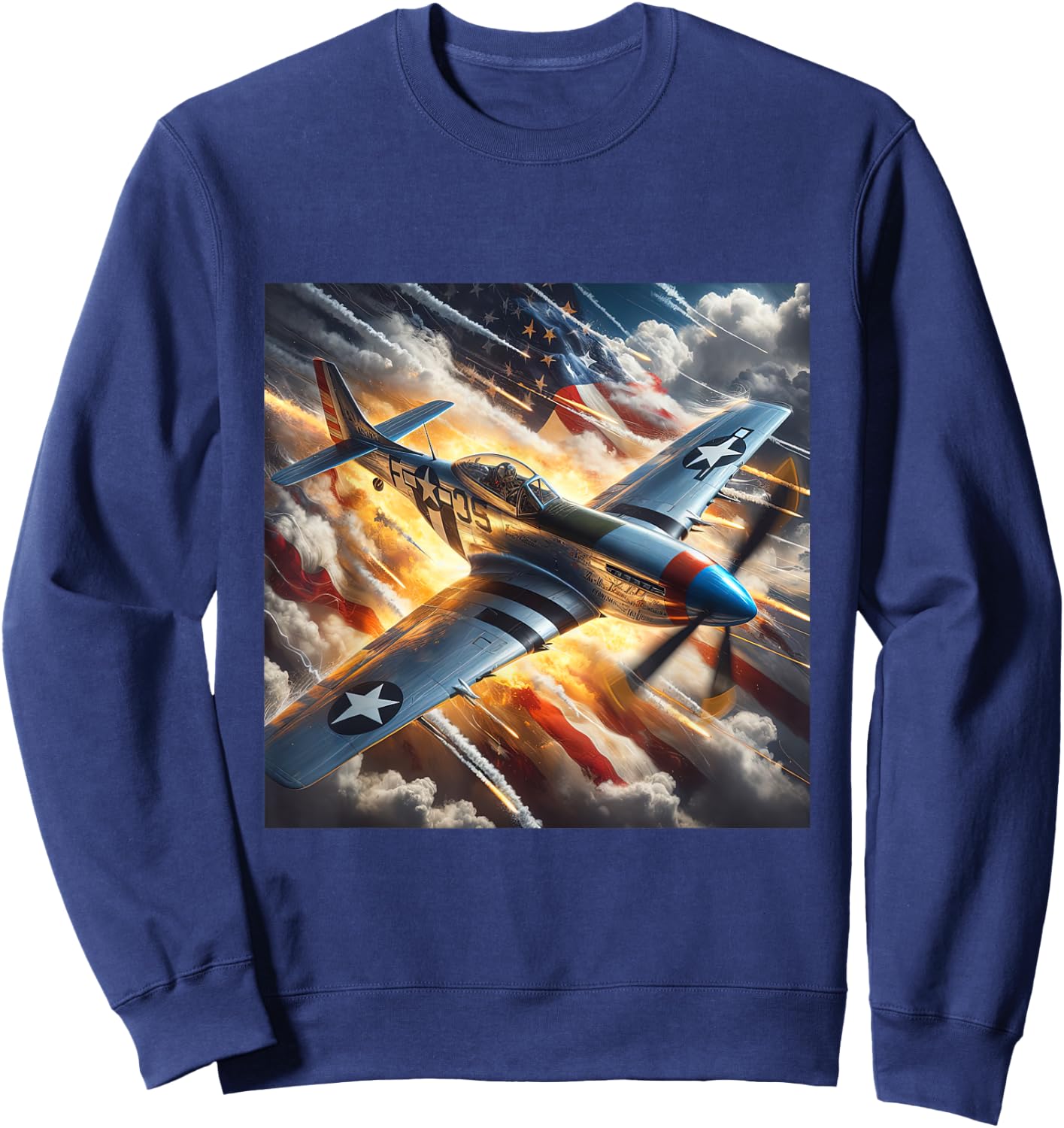WWII Warbirds | P-51 Mustang in Dynamic Sky US Flag Sweatshirt - Sweatshirt | Navy