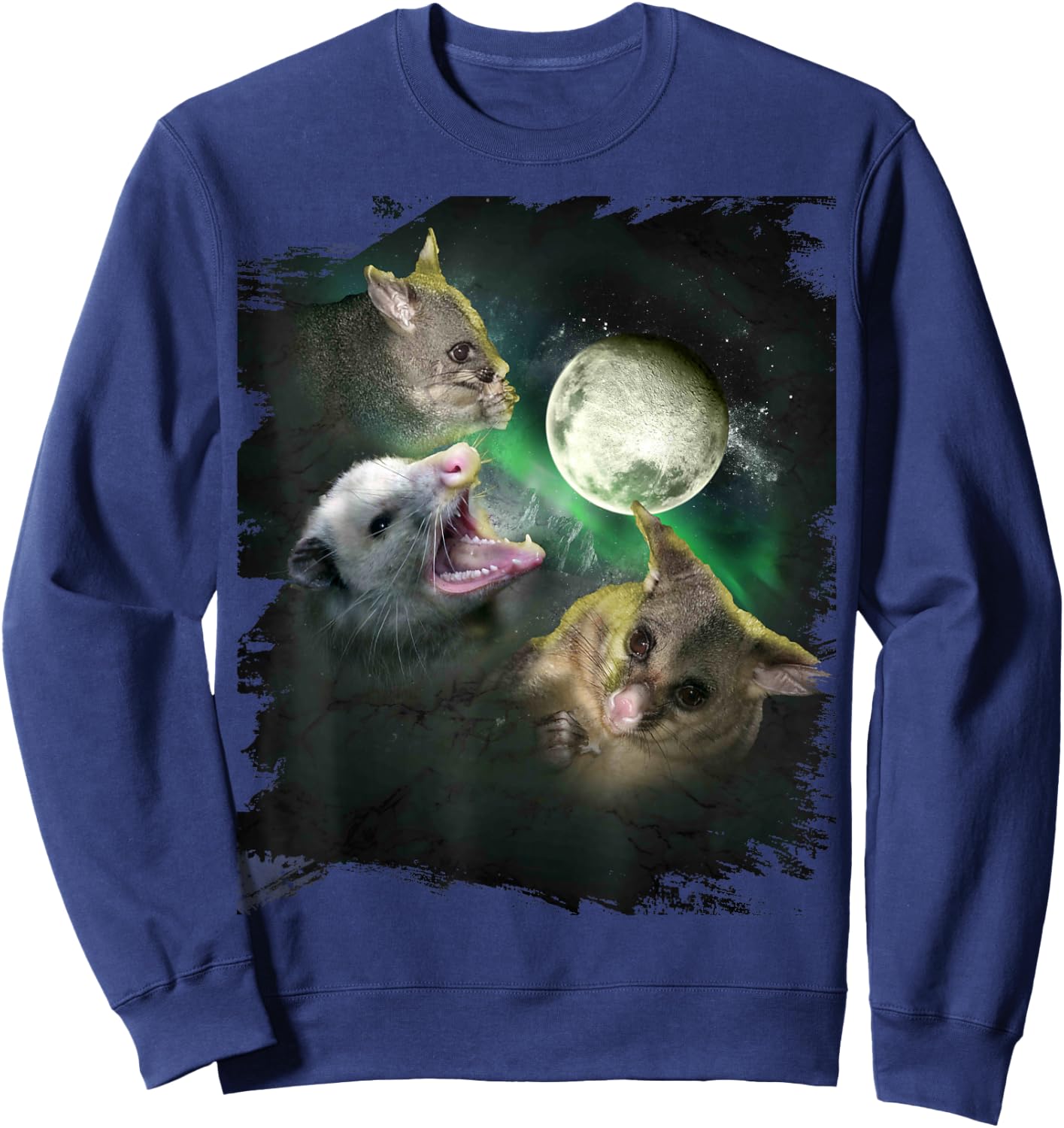 3 Three Possum Opossum Moon, Wolf Howling Sweatshirt - Sweatshirt | Navy