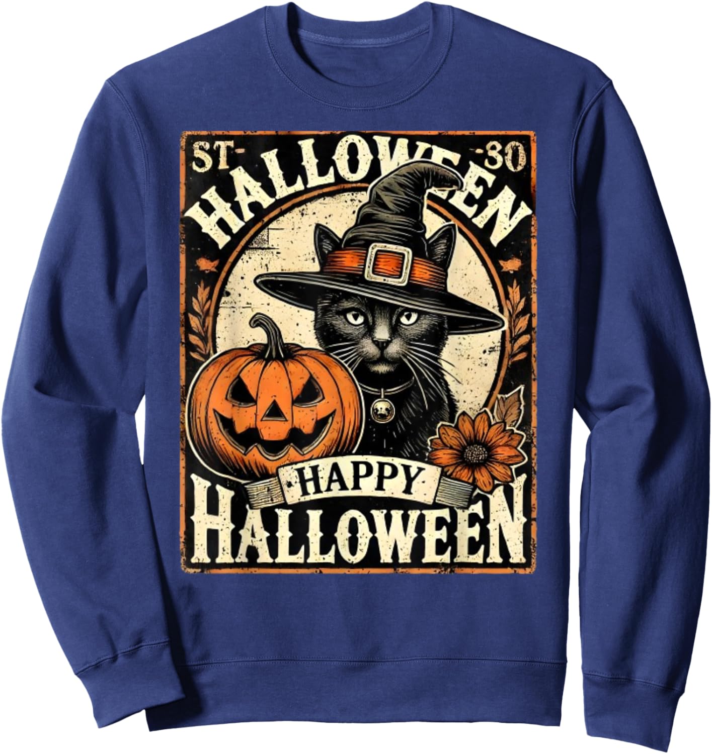 Vintage Halloween Shirt Black Cat With Witches Hat Women Kids Sweatshirt - Sweatshirt | Navy