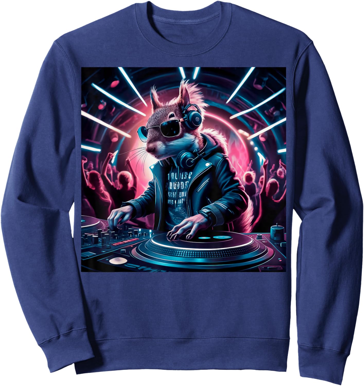 The Beat Never Stops Dj Squirrel In Leather Jacket Edm Art Sweatshirt - Sweatshirt | Navy