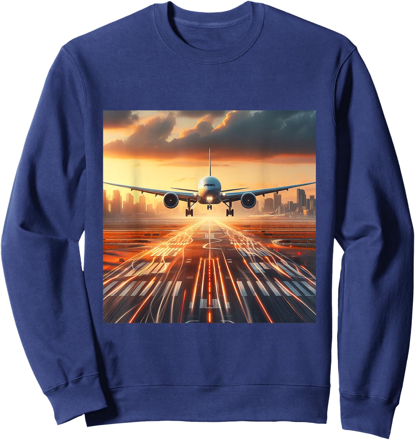 B-777 Aircraft Aviation Airplane Airport Runway Landing Sweatshirt - Sweatshirt | Navy