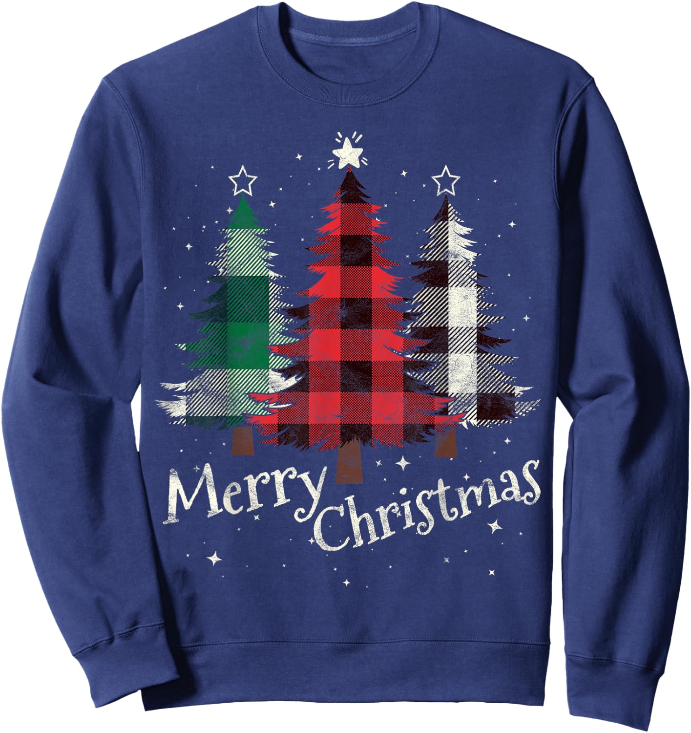 Merry Christmas Three Xmas Trees Buffalo Plaid Woman Gift Sweatshirt - Sweatshirt | Navy
