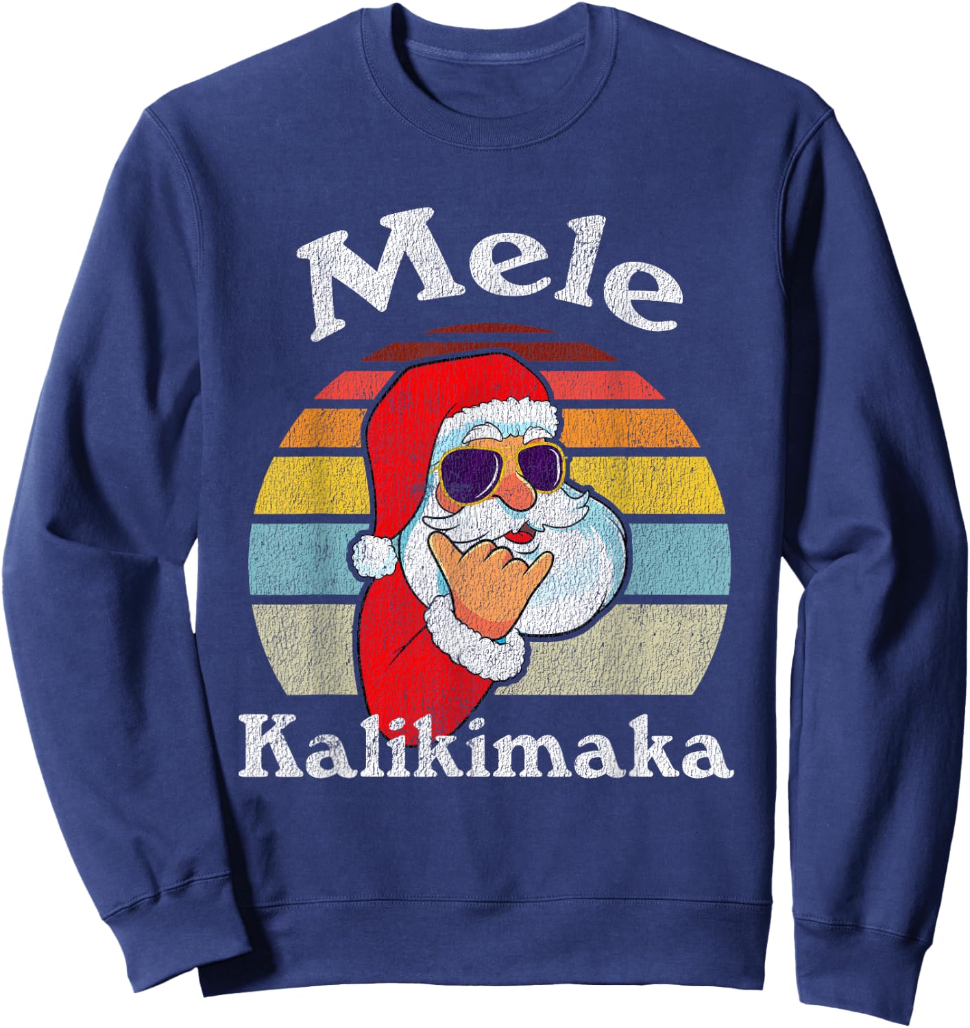 Mele Kalikimaka Retro Christmas Santa Shaka Hawaii Short Sleeve Sweatshirt - Sweatshirt | Navy