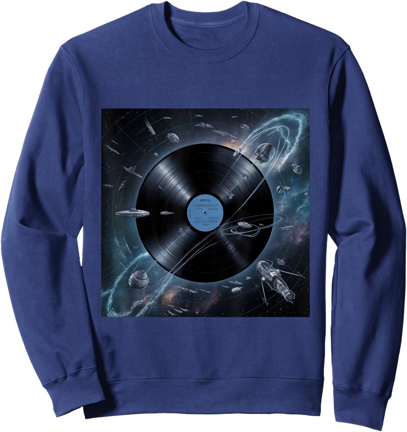 Vinyl Record Planet with Orbiting Satellites Spaceships Sweatshirt - Sweatshirt | Navy