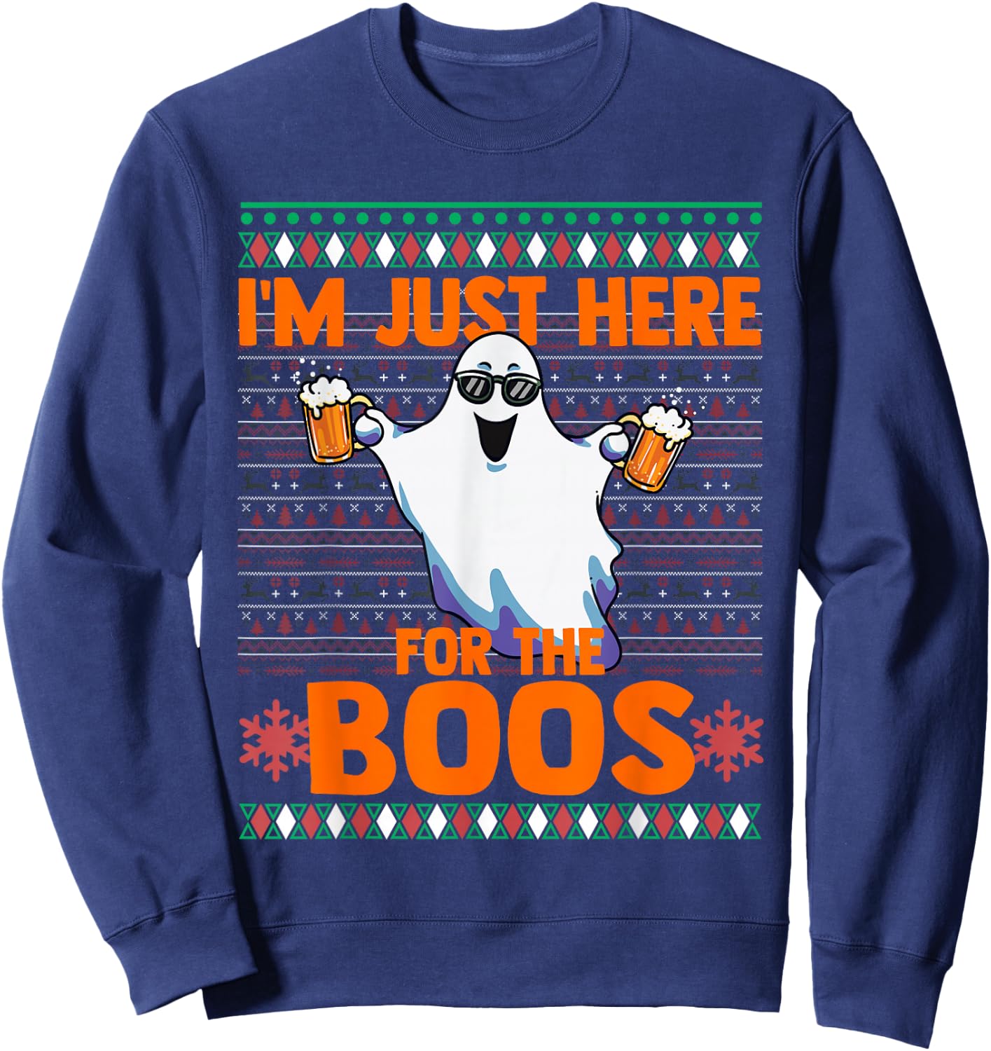 Funny Halloween Ghost Here For The Booze Joke Ugly Sweater Sweatshirt - Sweatshirt | Navy