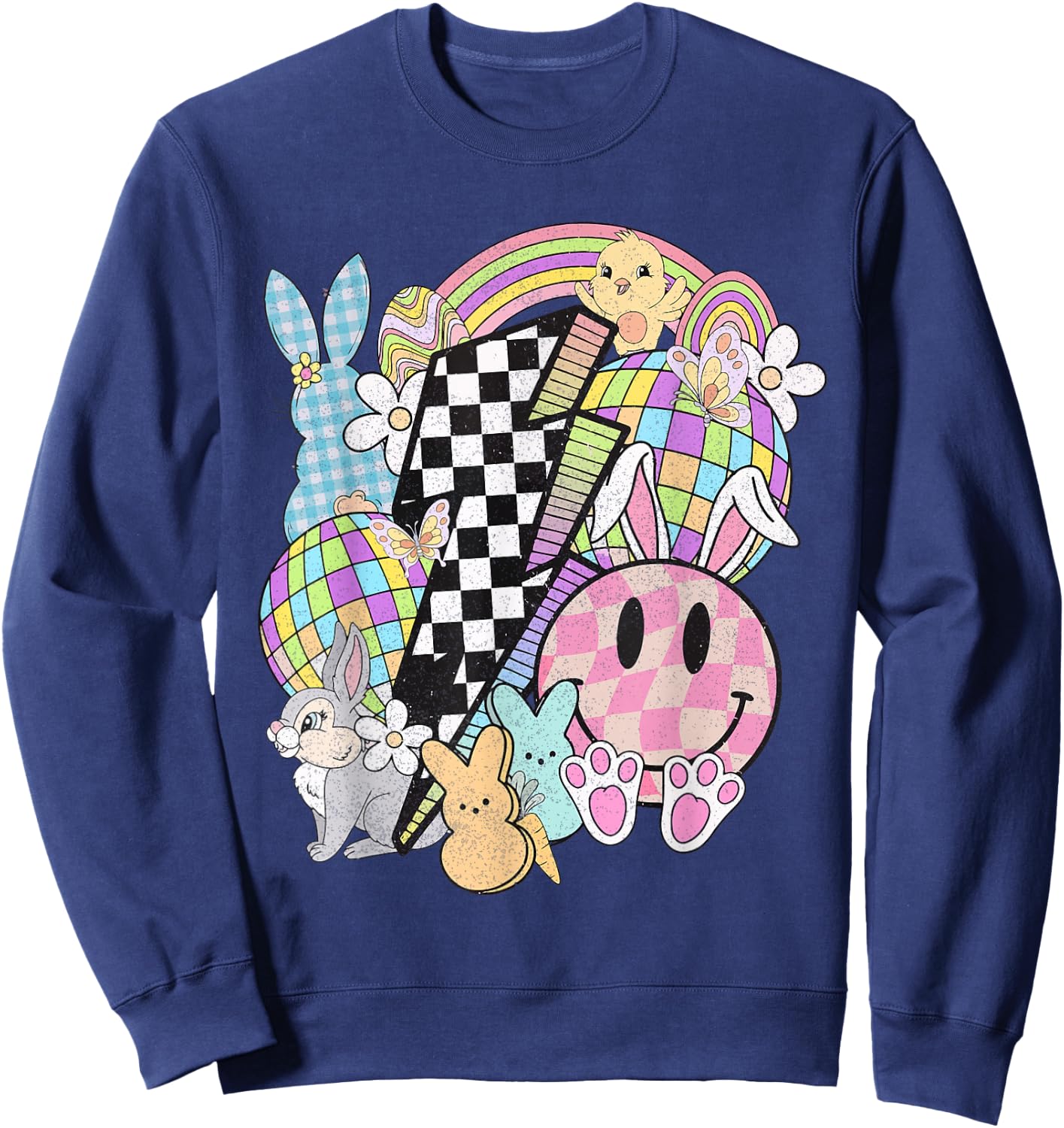 Retro Groovy Happy Easter Bunny Smile Face For Girls Sweatshirt - Sweatshirt | Navy
