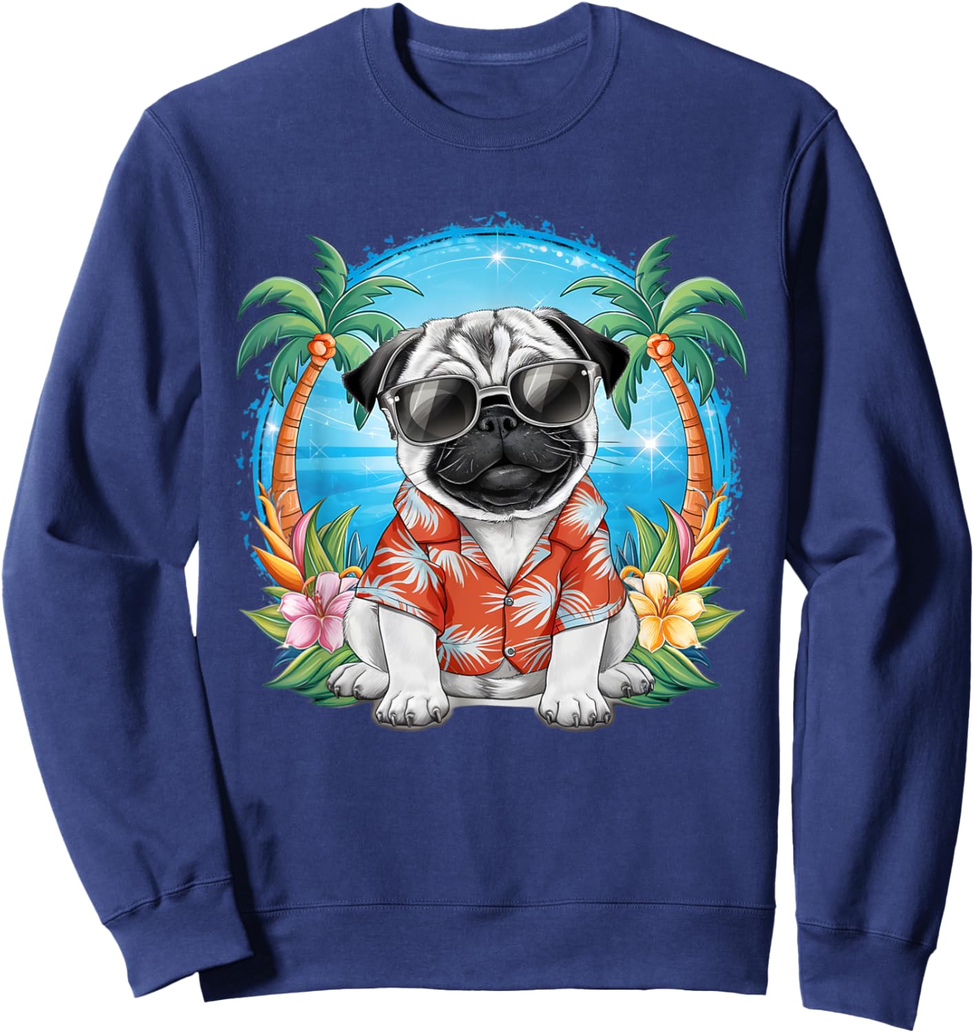 Funny Pug Summer Hawaiian Vibes Tropical Beach Women Sweatshirt - Sweatshirt | Navy