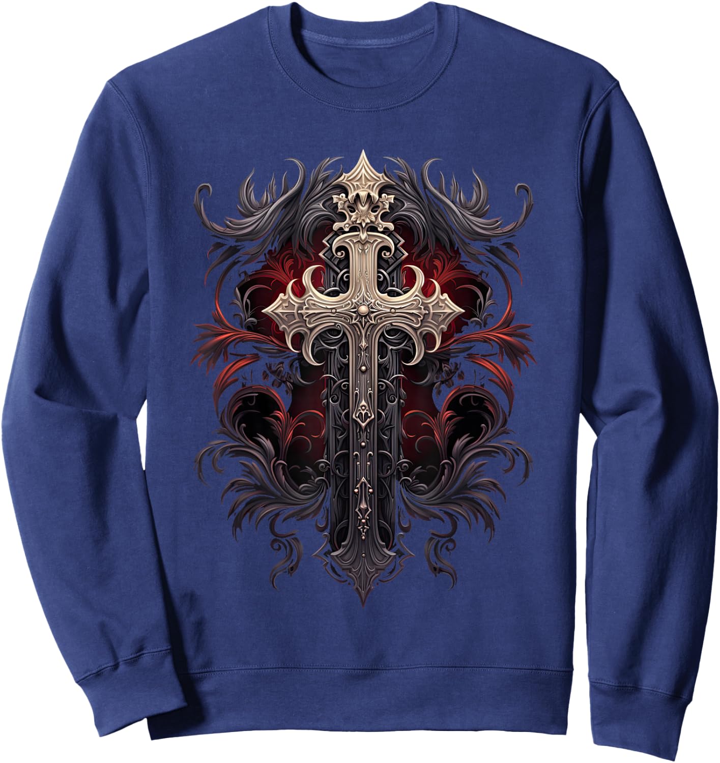 Gothic Cross Goths Design Filigree Victorian Cross Sweatshirt - Sweatshirt | Navy