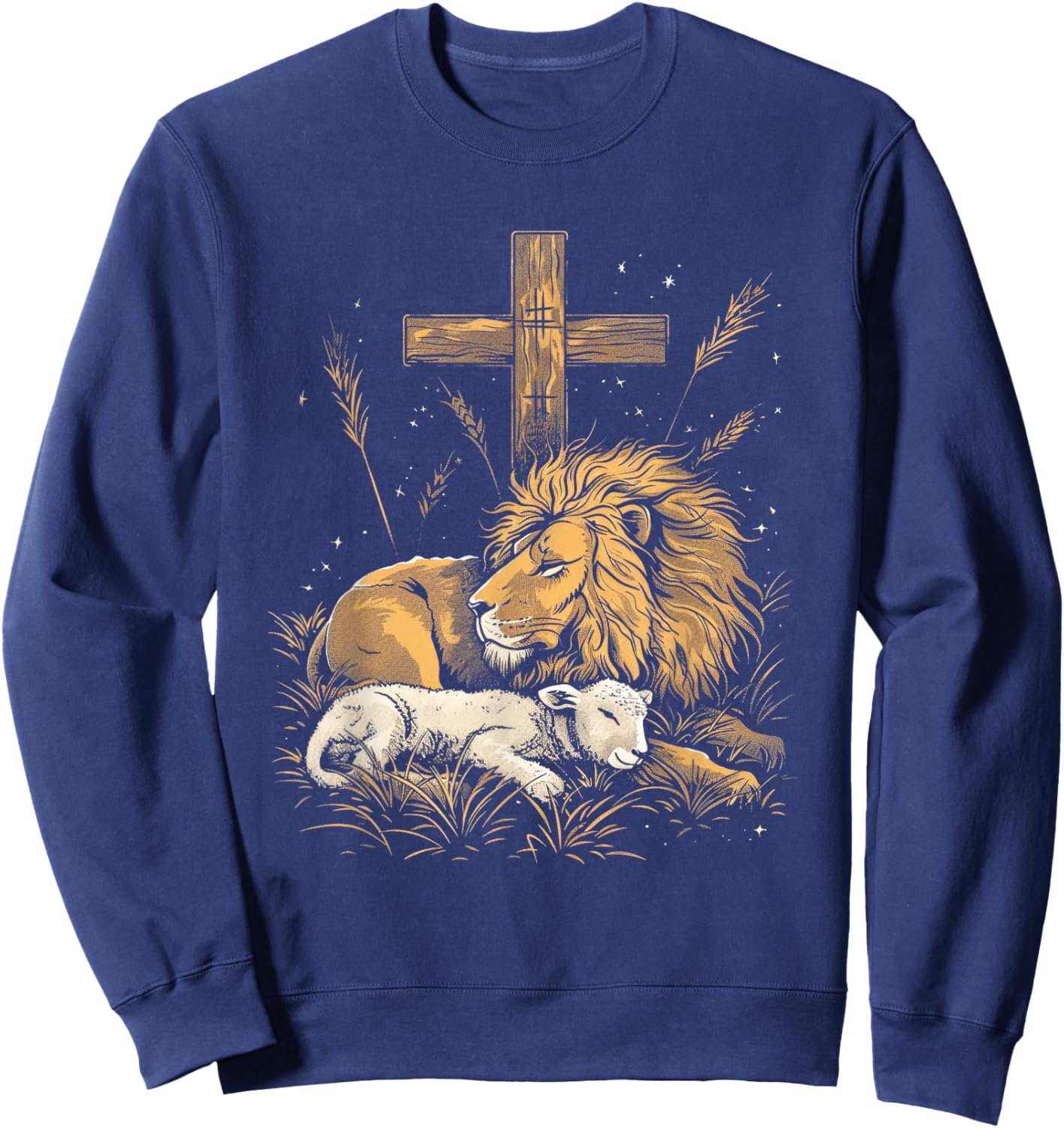 Religious Art Faith Spiritual Symbol Biblical Christianity Lion Lamb Christian Cross Sweatshirt - Sweatshirt | Navy