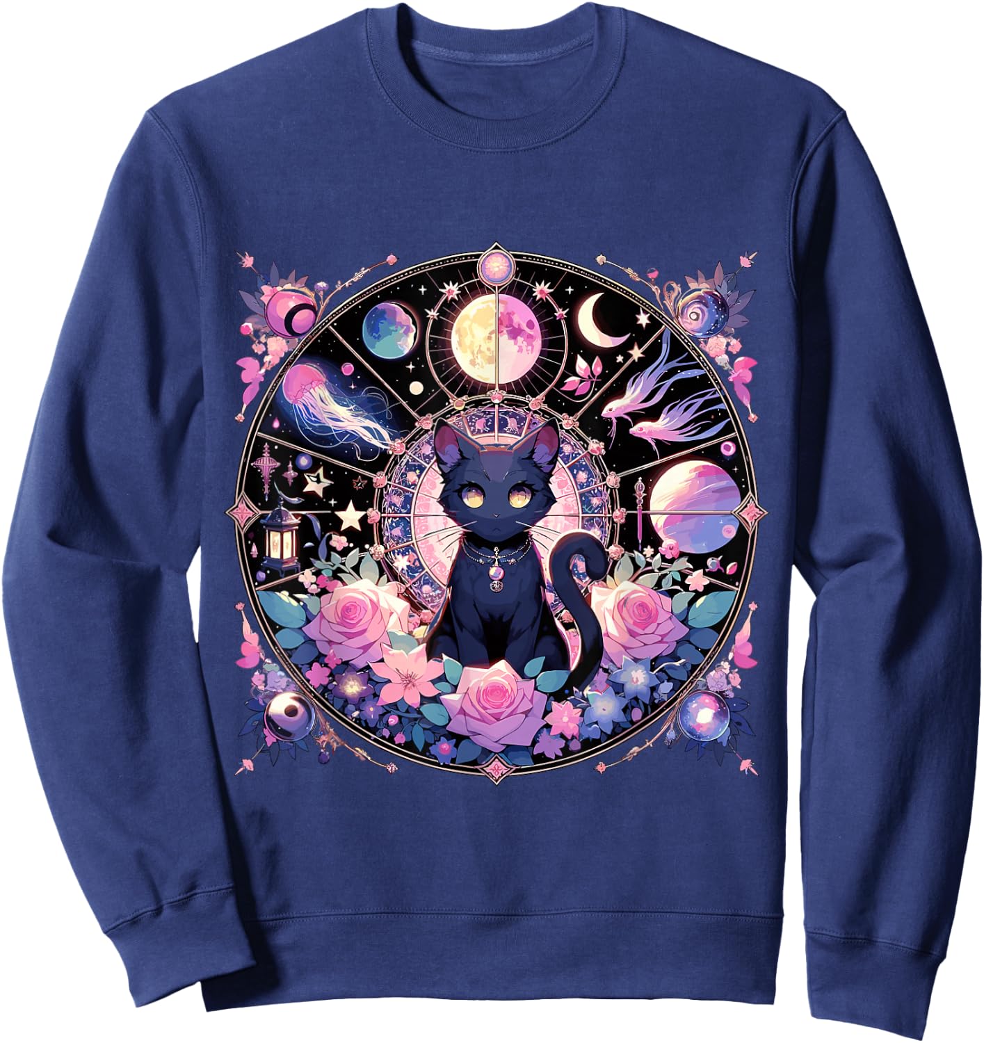 Moon Phases Crystal Witchy Cute Black Cat Kawaii Pastel Goth Sweatshirt - Sweatshirt | Navy