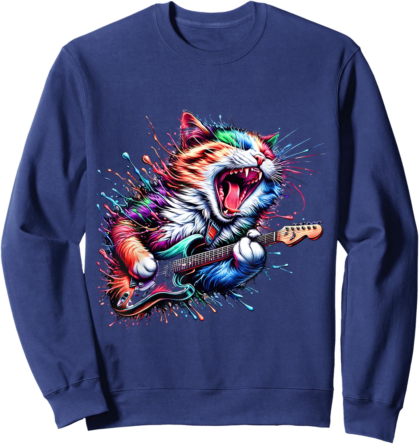 Kitty Cat Playing Guitar Rock Cat Heavy Metal Cat Music Cat Sweatshirt - Sweatshirt | Navy
