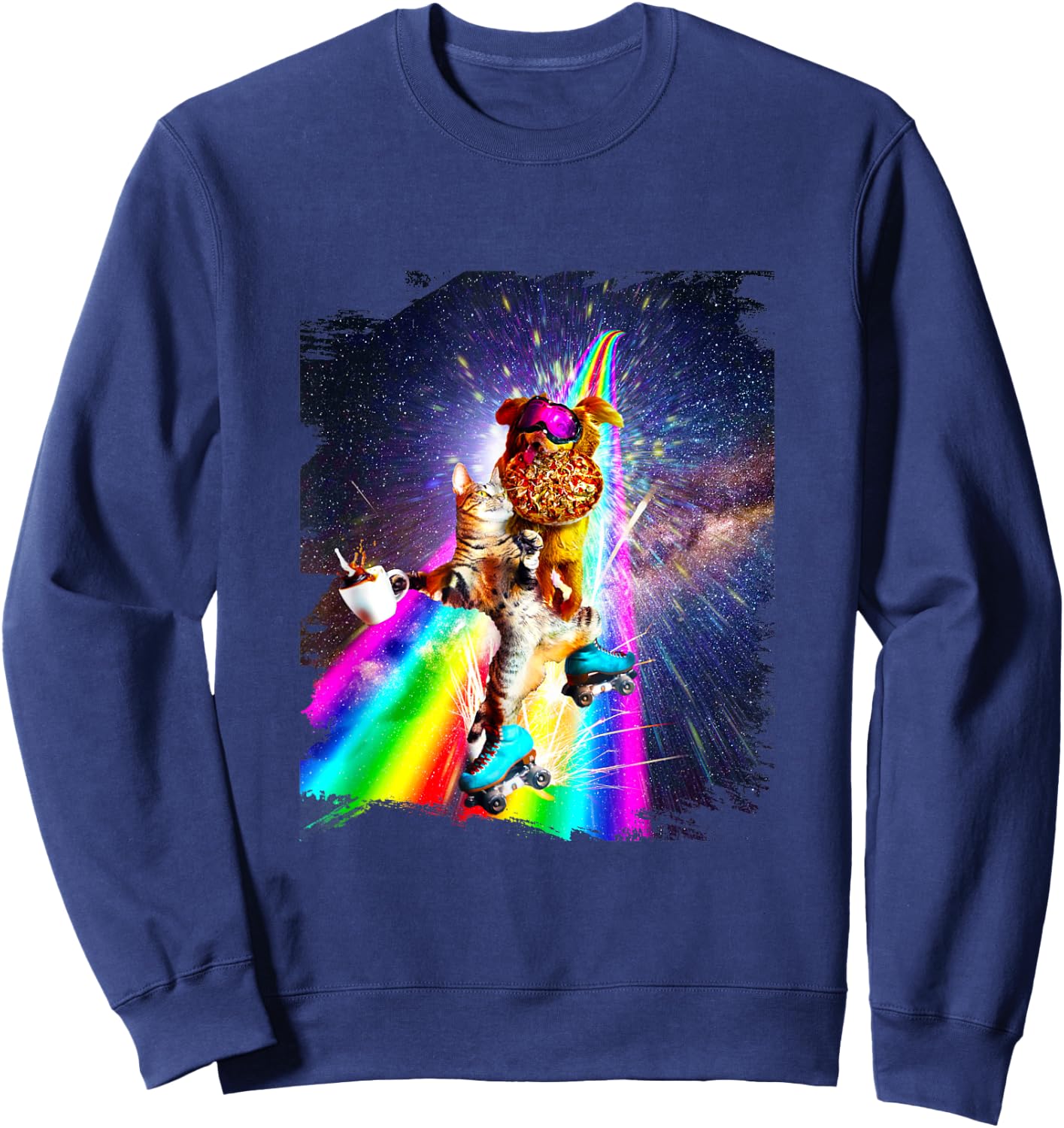 Dog Cat On Roller Skates With Pizza Coffee Sweatshirt - Sweatshirt | Navy