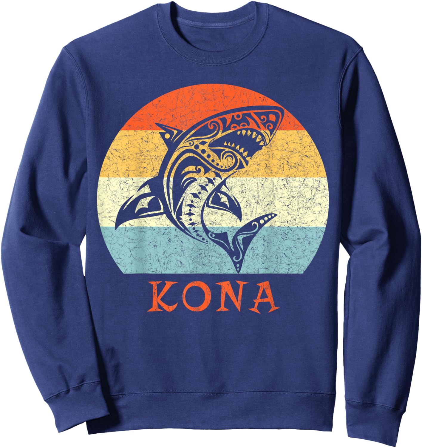 Kona, Hawaii Vintage Shark Retro Throwback Vacation Sweatshirt - Sweatshirt | Navy