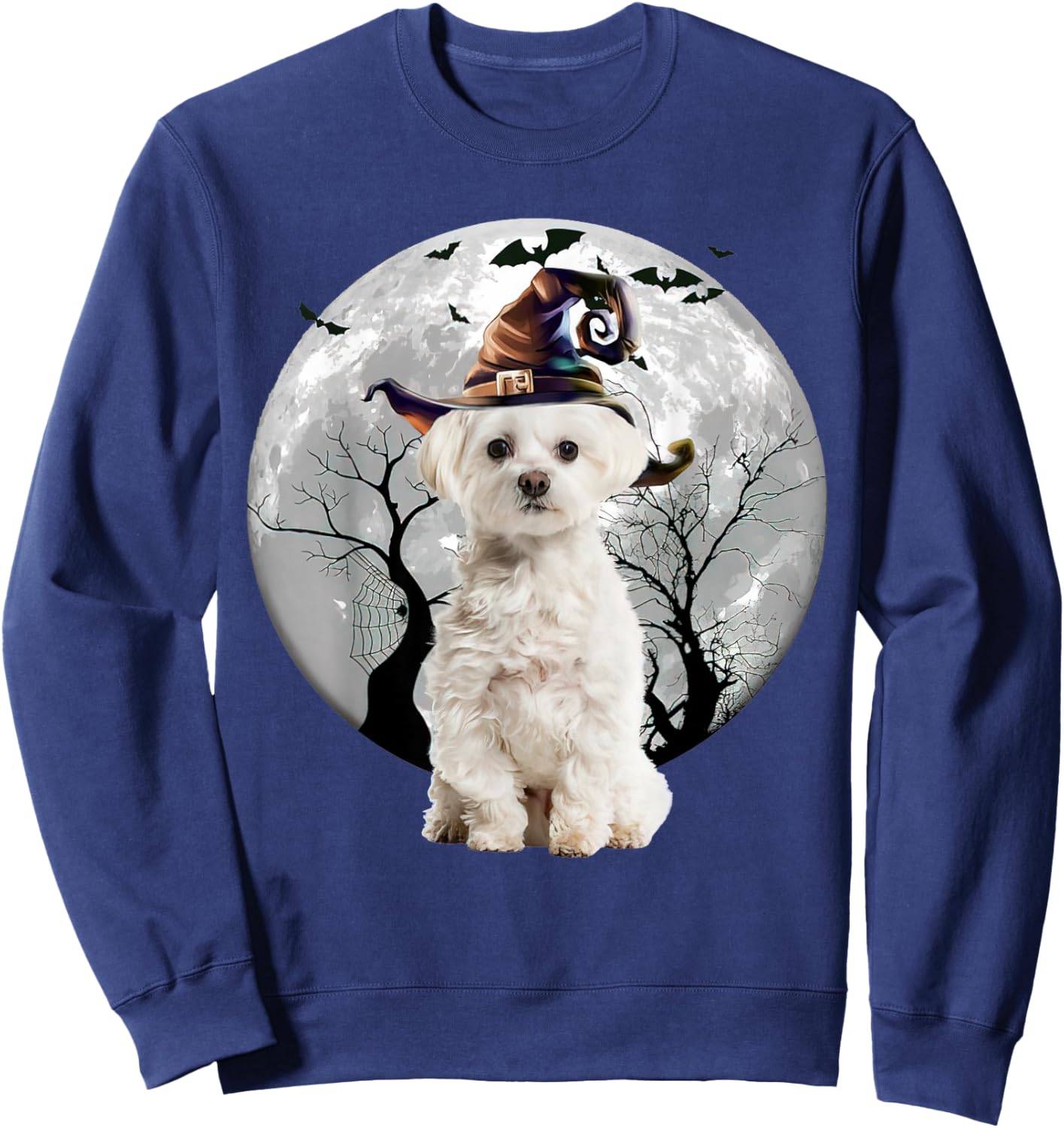 Maltese Dog And Moon Halloween Costume Dog Lover Funny Sweatshirt - Sweatshirt | Navy