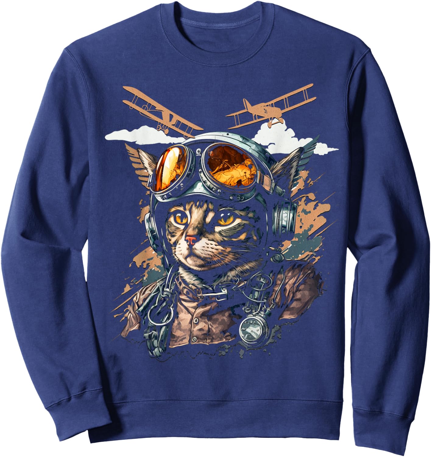 Funny Vintage Cat Airplane Pilot Women Kids Sweatshirt - Sweatshirt | Navy