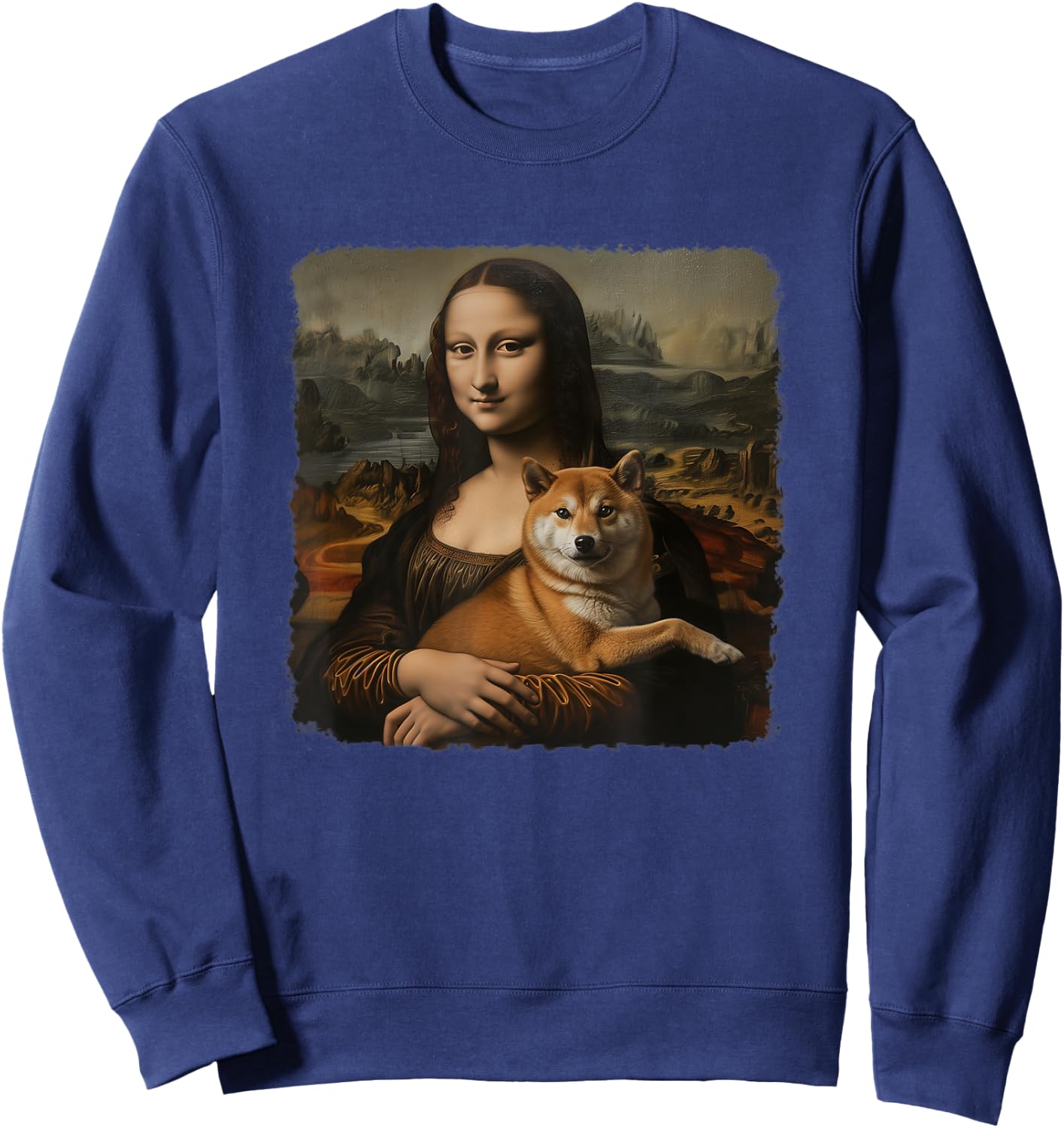 Mona Lisa With with Dog Funny Shiba Inu Art Painting Sweatshirt - Sweatshirt | Navy