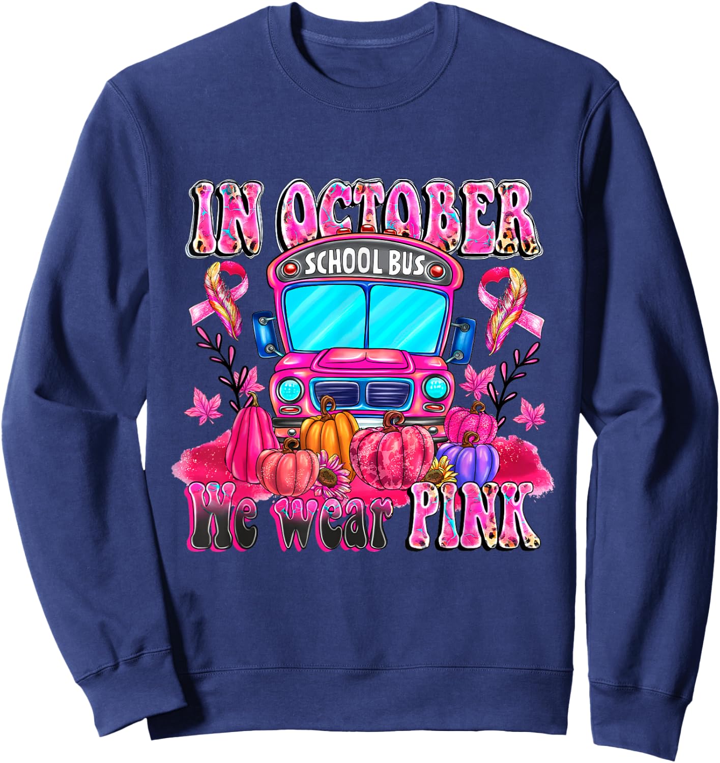In October We Wear Pink School Bus Halloween Skeleton Outfit Sweatshirt - Sweatshirt | Navy