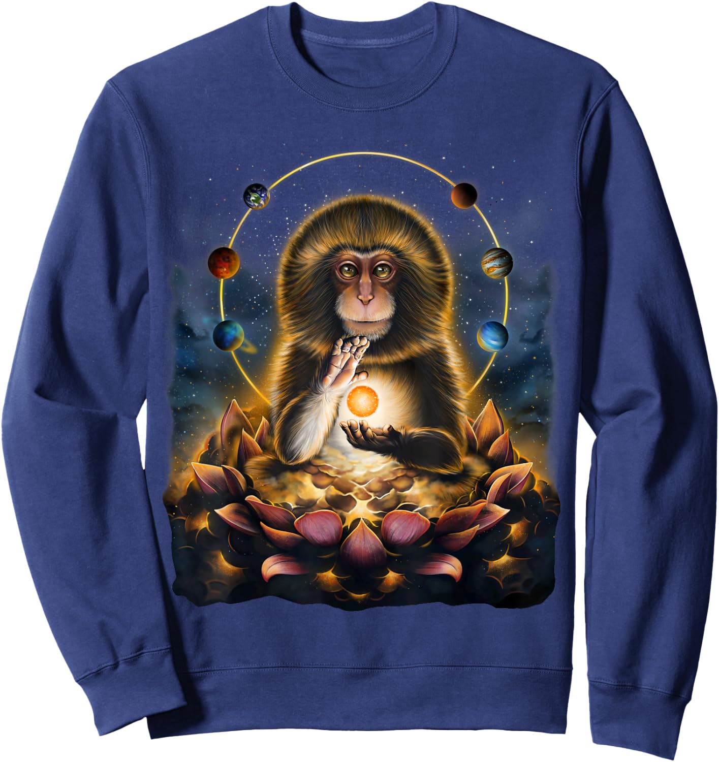 Celestial Monkey Holding Sun Surrounded by Planets and Lotus Sweatshirt - Sweatshirt | Navy
