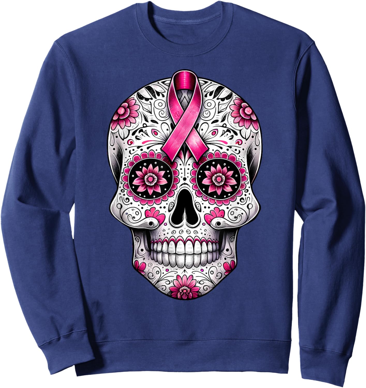 Pink Ribbon Sugar Skull Calavera Breast Cancer Awareness Sweatshirt - Sweatshirt | Navy