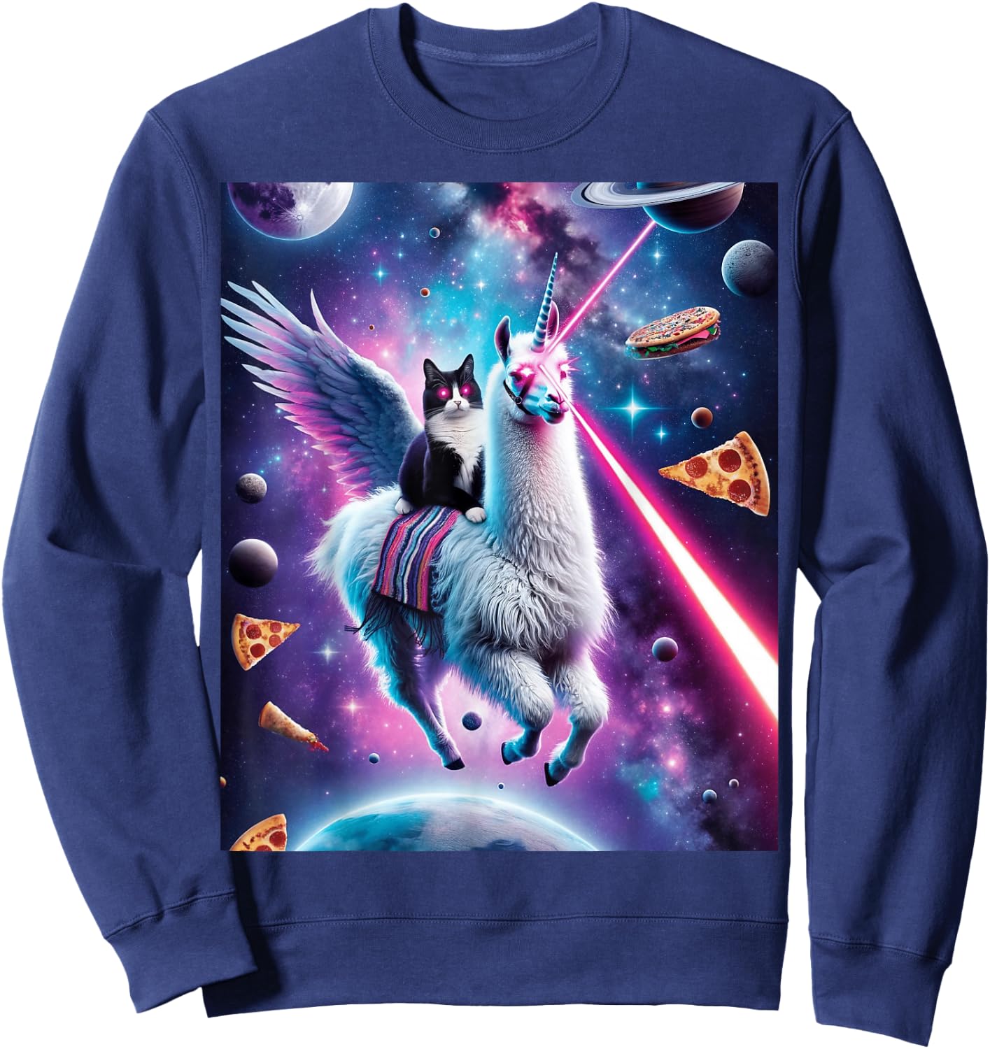 Laser Eyes Outer Space Cat Riding Llama Unicorn Ufo Tacos Sweatshirt - Sweatshirt | Navy