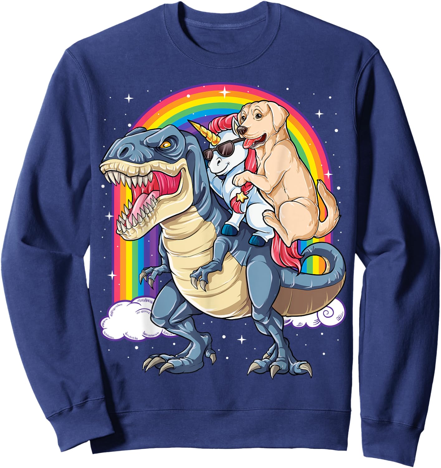 Labrador Unicorn Riding Dinosaur T-rex Girls Kids Rainbow Sweatshirt - Sweatshirt | Navy