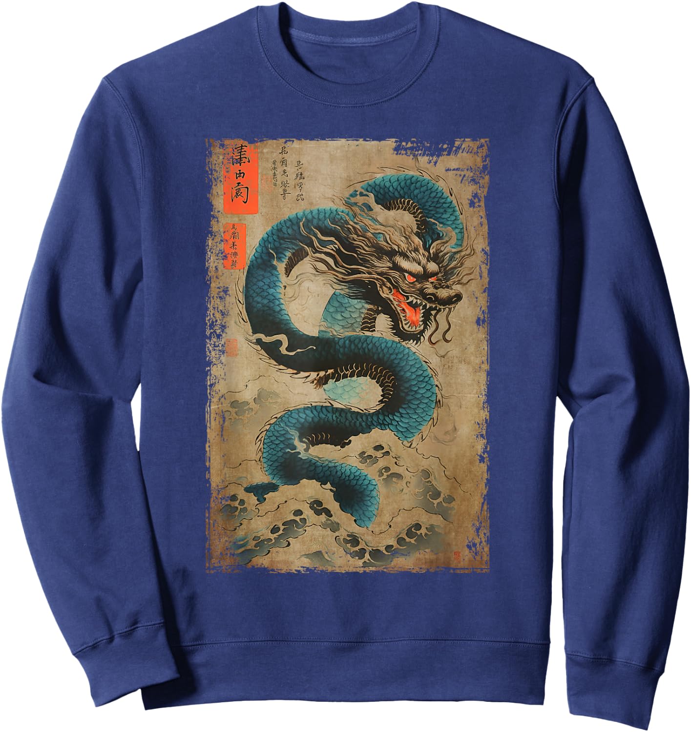 Japanese Dragon and The Great Wave off Kanagawa Woodblock Sweatshirt - Sweatshirt | Navy
