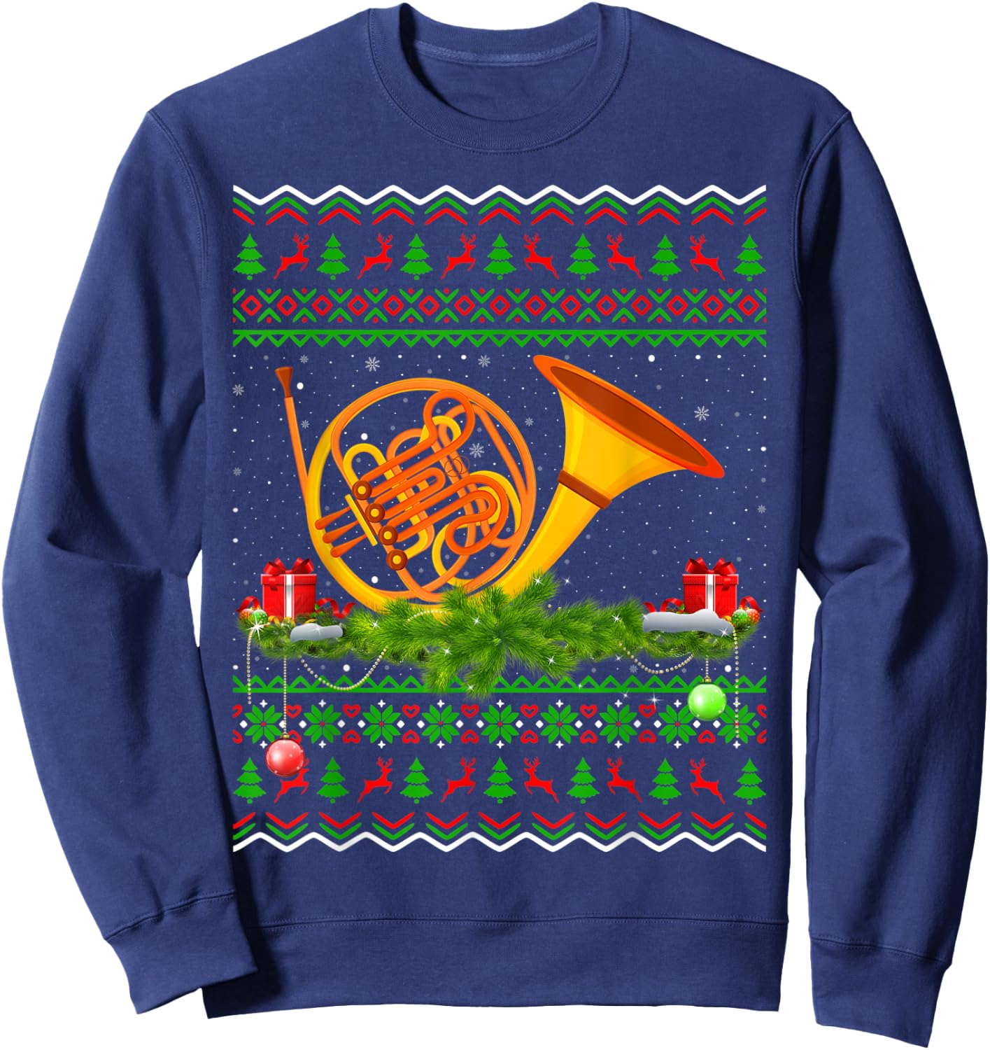 French Horn Music Lover Xmas Gift Ugly French Horn Christmas Sweatshirt - Sweatshirt | Navy
