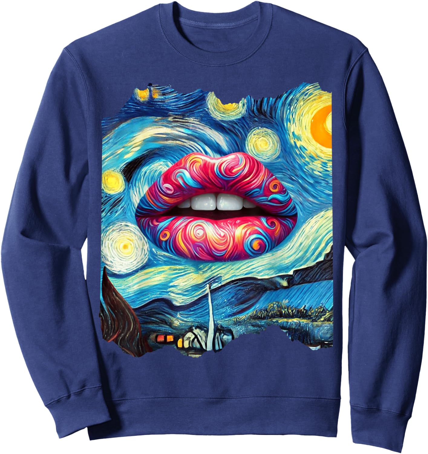 Lips Fashion Van Gogh Art Painting Star Sky Night Lips Sweatshirt - Sweatshirt | Navy