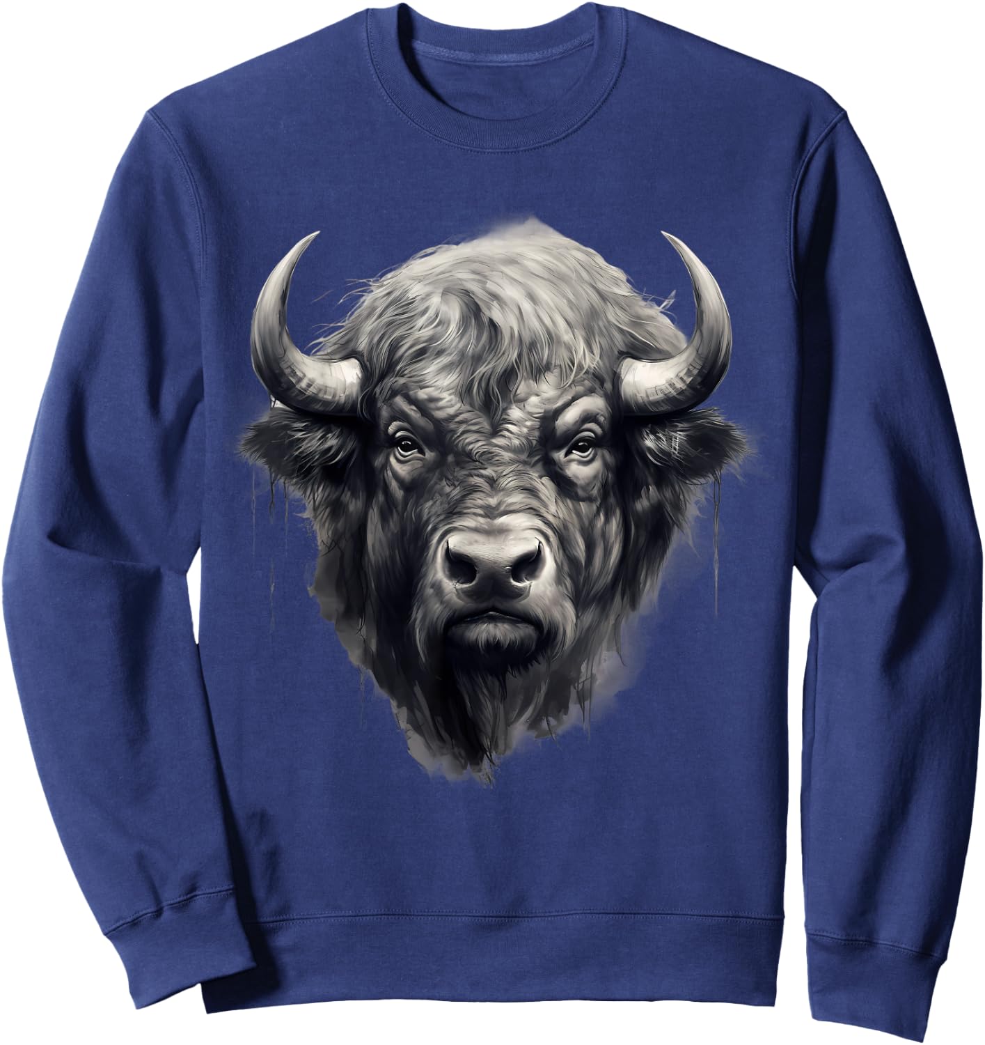 Buffalo Drawing Bison Portrait Nature Artwork Animal Print Sweatshirt - Sweatshirt | Navy