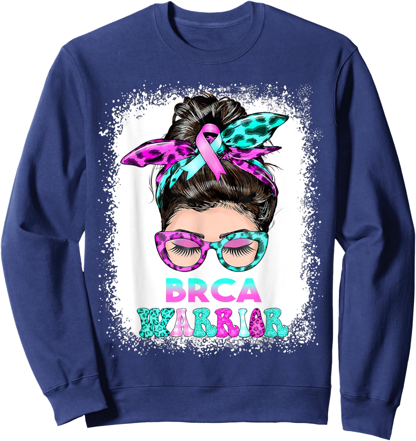 BRCA Warrior, pink-teal Messy Bun Breast Cancer Awareness Sweatshirt - Sweatshirt | Navy